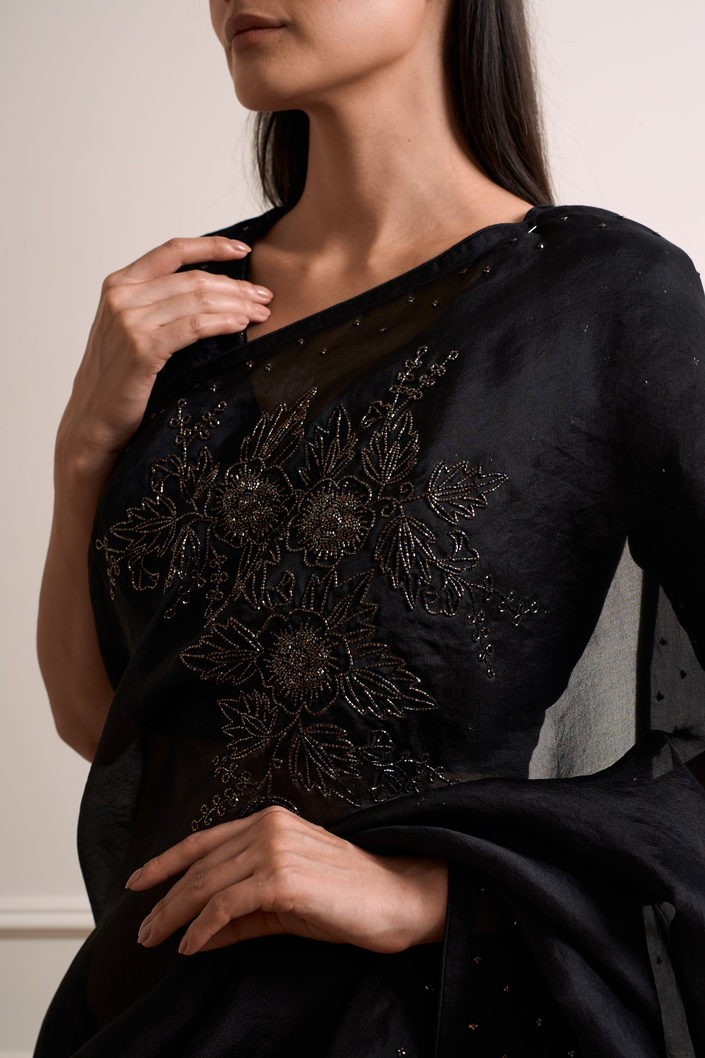 Parijat Black Organza Cutdana Saree