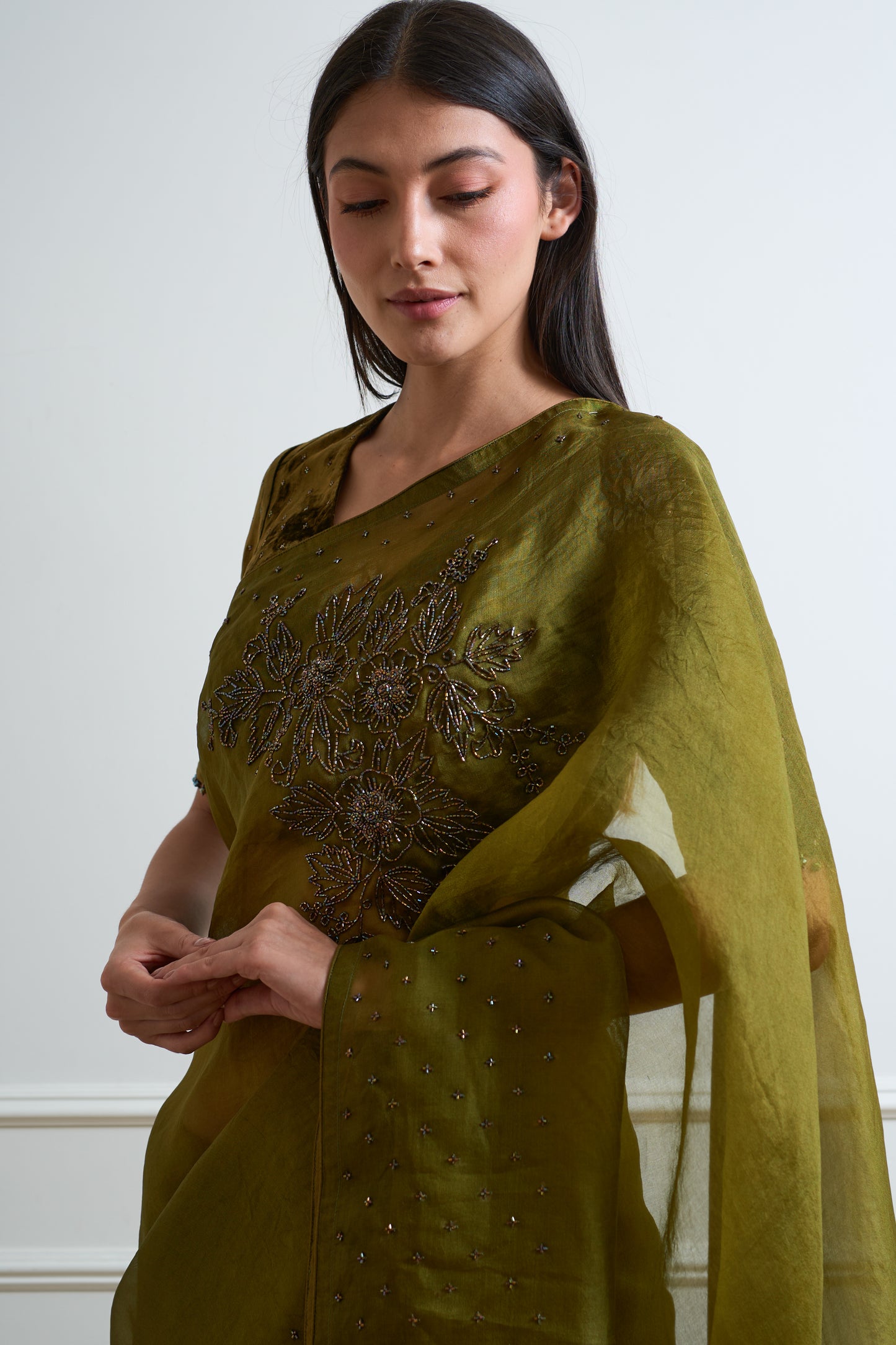 Parijat Mehendi Green Organza Cutdana Saree
