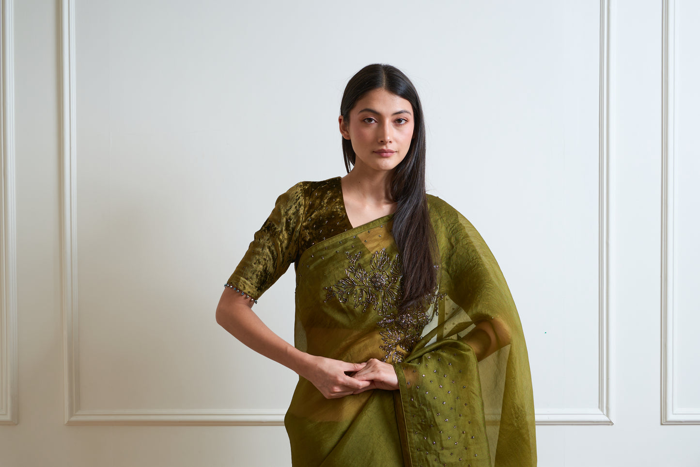 Parijat Mehendi Green Organza Cutdana Saree