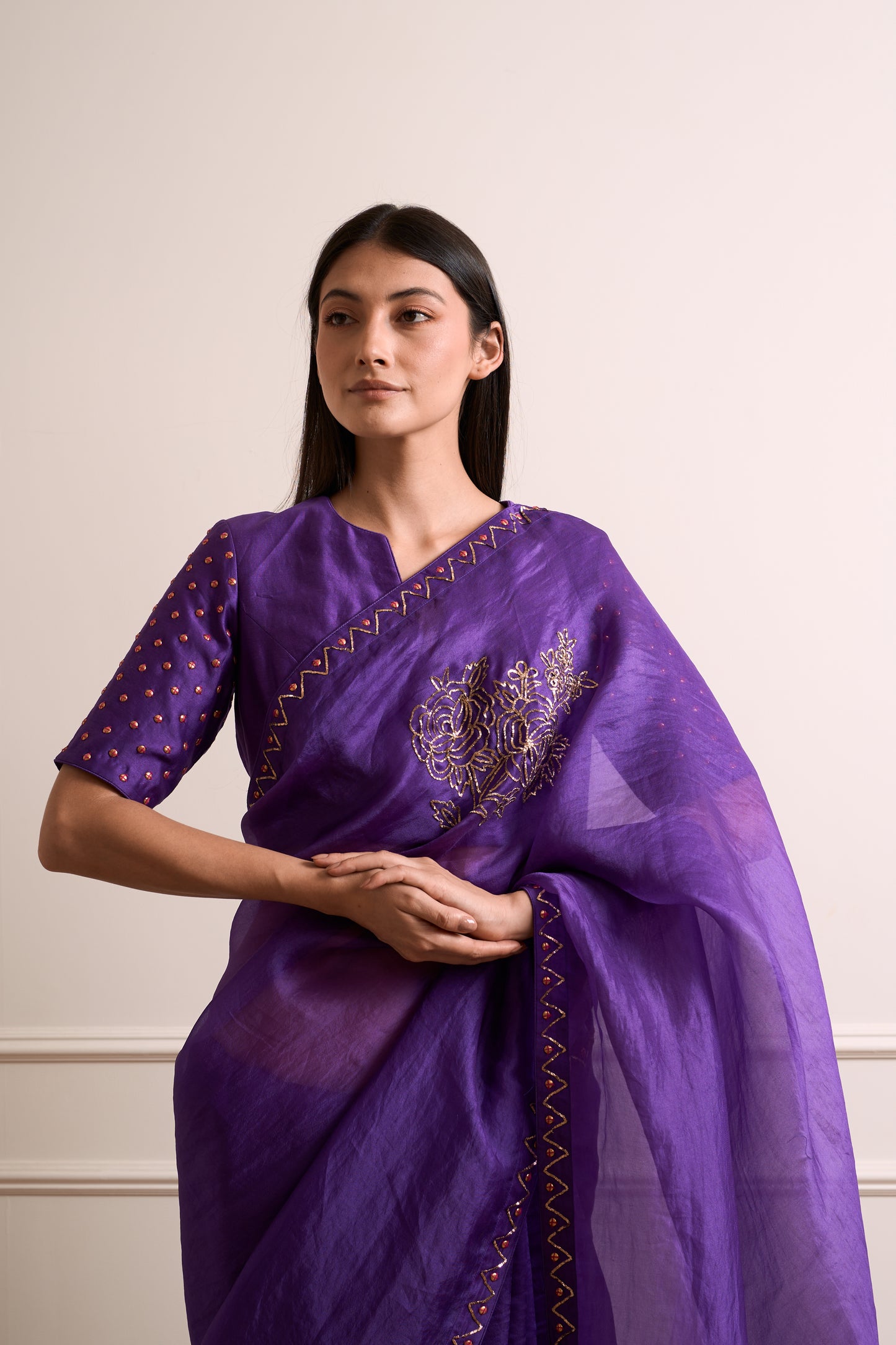 Tulsi Violet Organza Metal Detail Saree