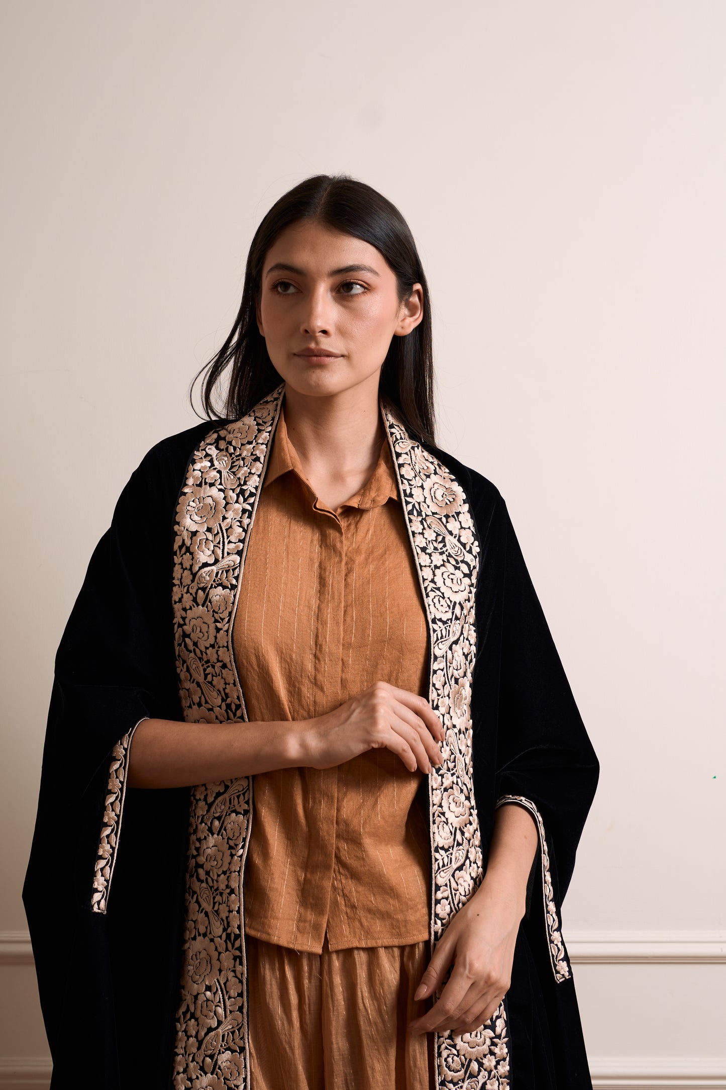 Black Parsi Gara Bird Embroidery Shrug