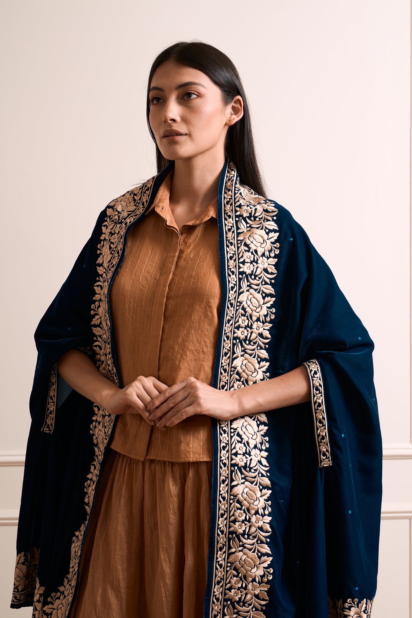 Prussian Blue Thread Embroidery Shrug