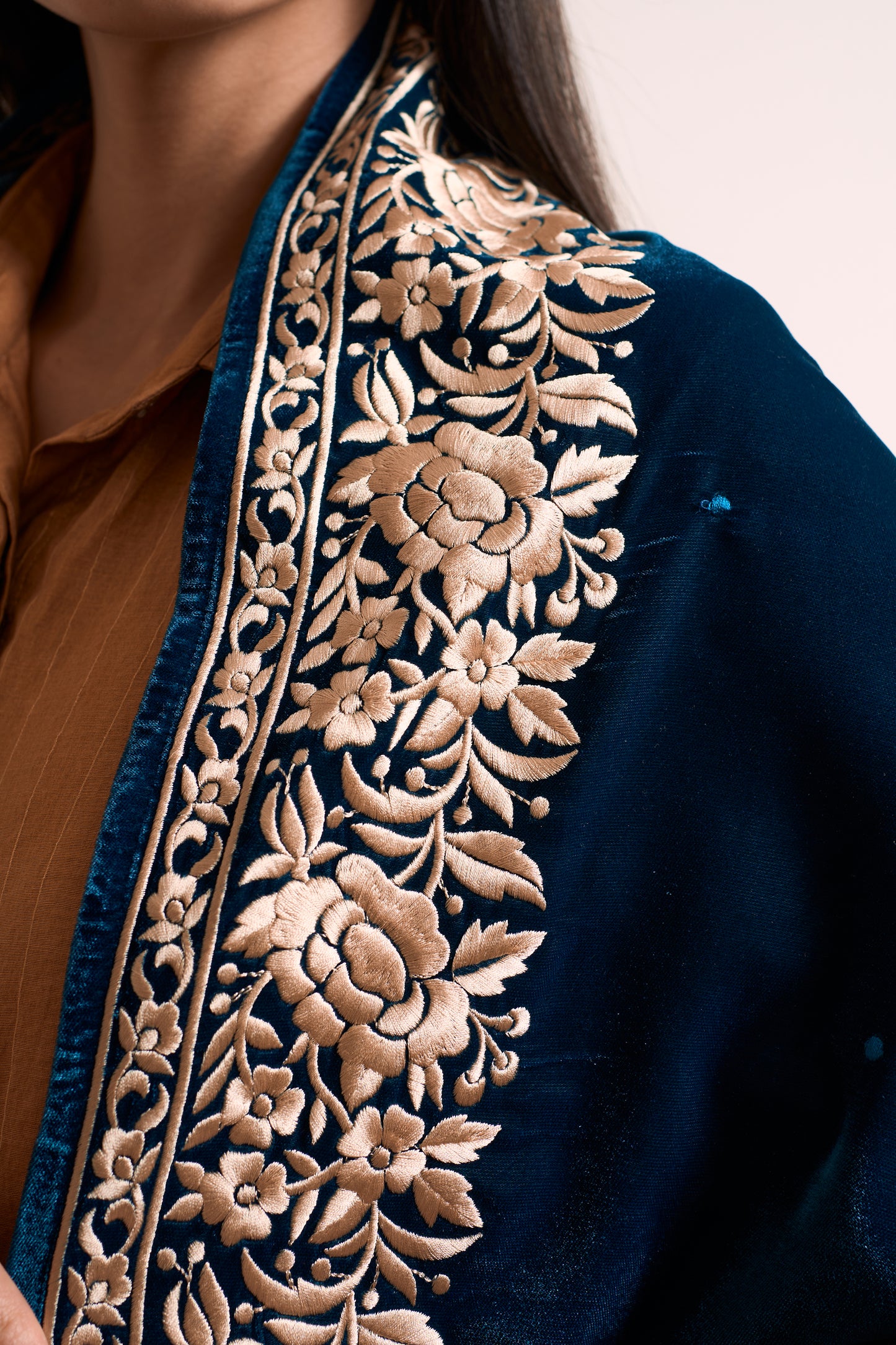 Prussian Blue Thread Embroidery Shrug