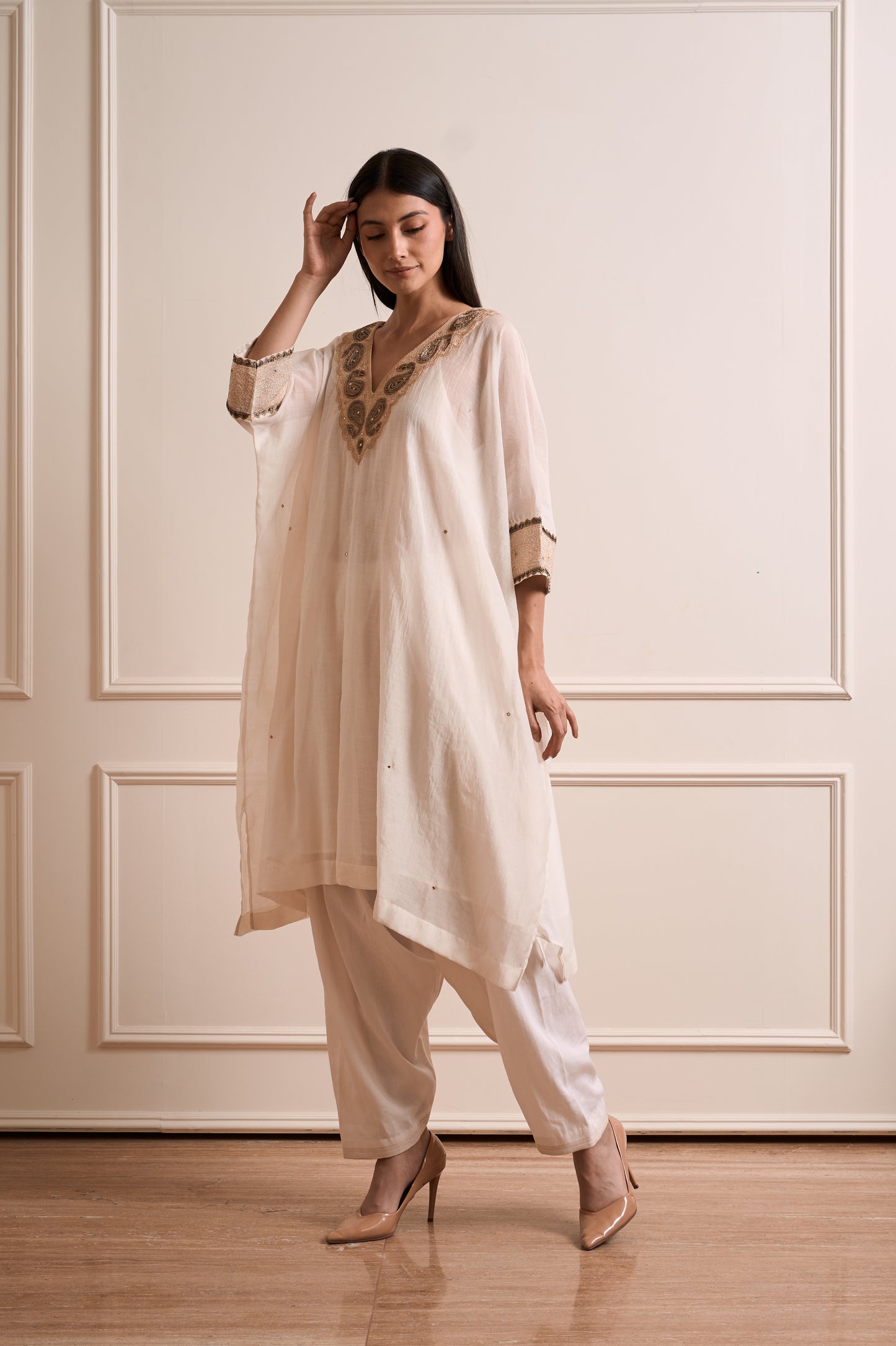 Bela Ivory Malmal Kaftan kurta Set