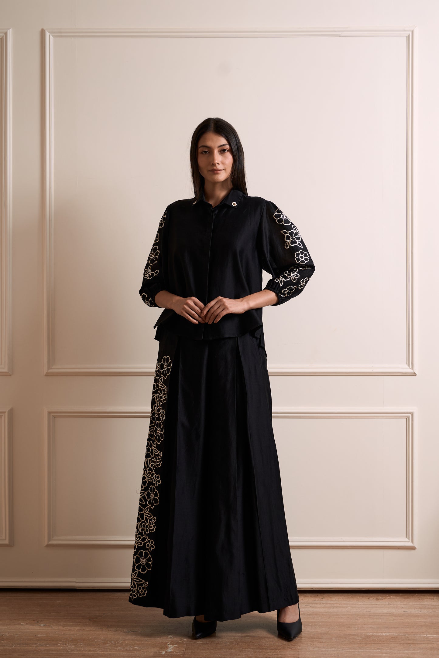 Petunia Black Pure Silk Chanderi Embroidered Indo Western Coord Set