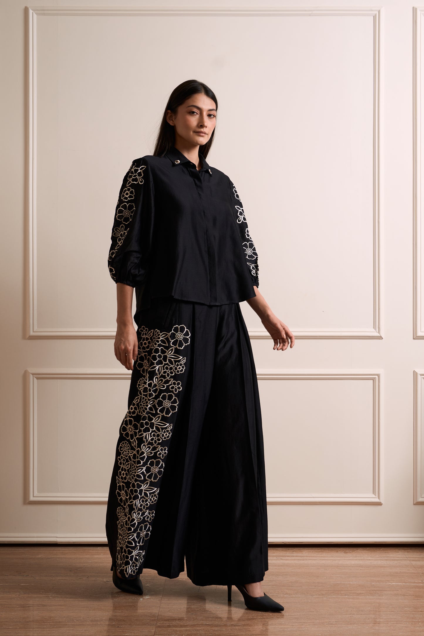 Petunia Black Pure Silk Chanderi Embroidered Indo Western Coord Set