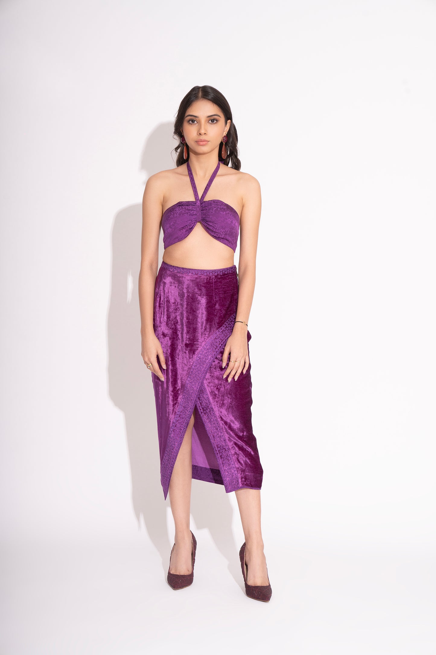 Violet pure Silk Crepe Jacquard Bustier with Front Slit Makhmal Embroidered Skirt