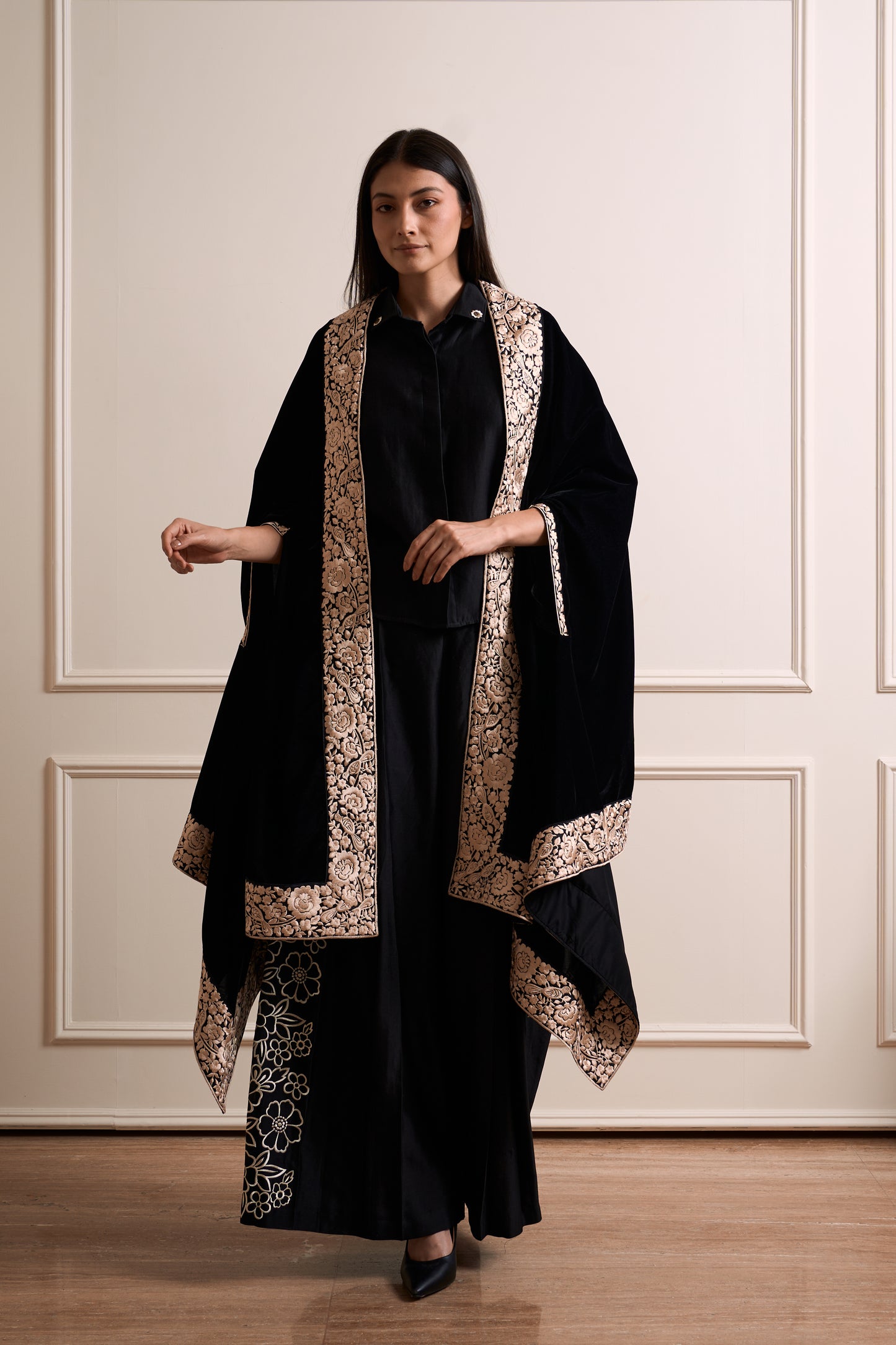 Black Parsi Gara Bird Embroidery Shrug