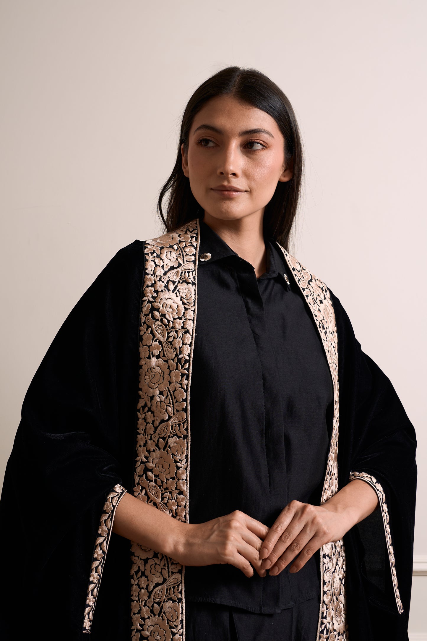 Black Parsi Gara Bird Embroidery Shrug
