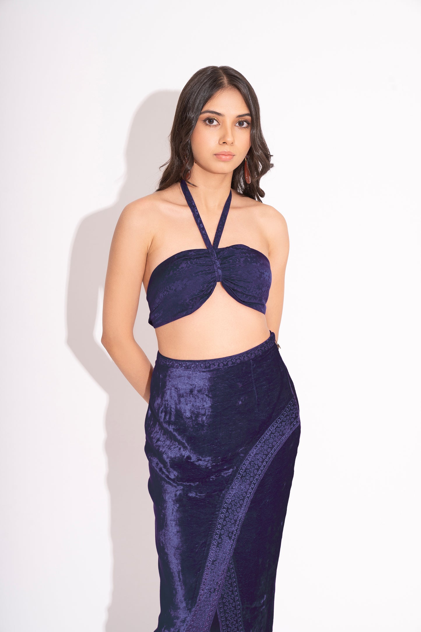 Navy Blue Silk Crepe Jacquard Bustier with Front Slit Makhmal Embroidered Skirt