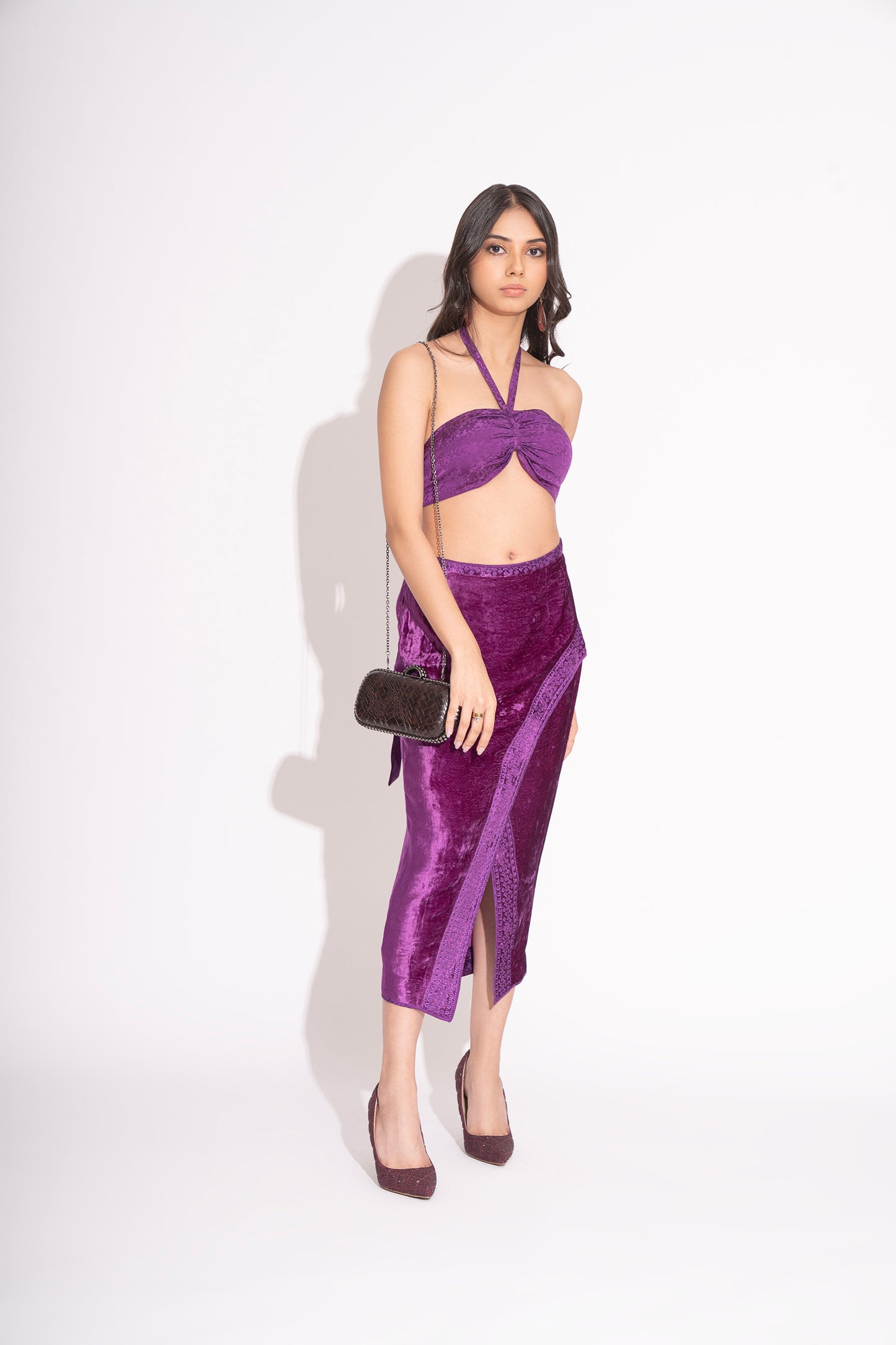 Violet pure Silk Crepe Jacquard Bustier with Front Slit Makhmal Embroidered Skirt