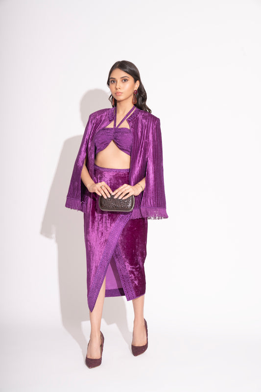 Reversible Voilet Makhmal Embroidered Jacket with Pure Silk Crepe