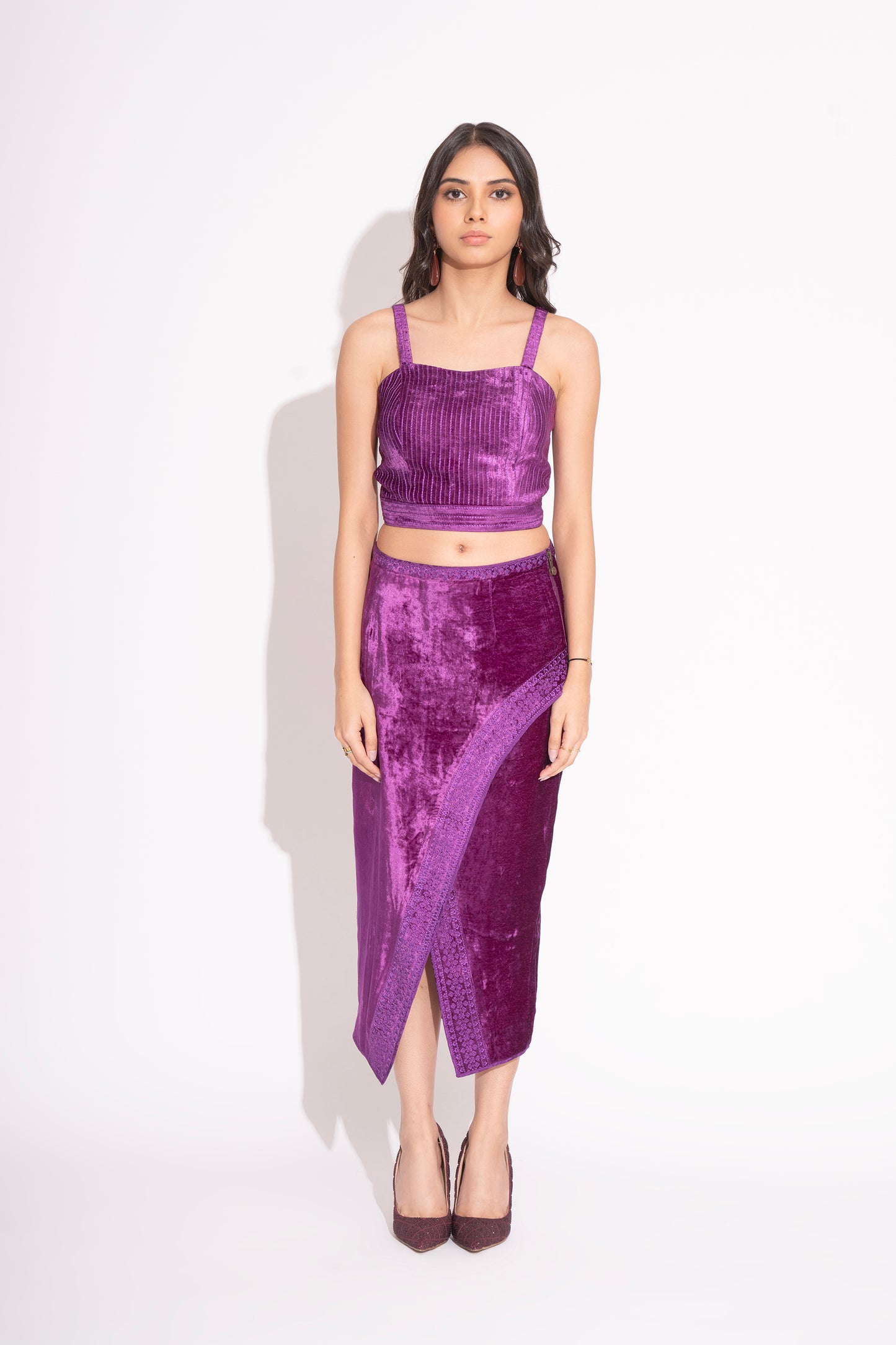Violet Embroidered Tie Up Makhmal Blouse with Front Slit Makhmal Skirt