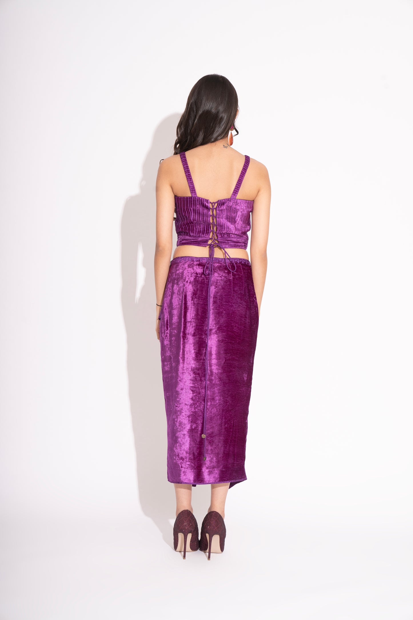 Violet Embroidered Tie Up Makhmal Blouse with Front Slit Makhmal Skirt