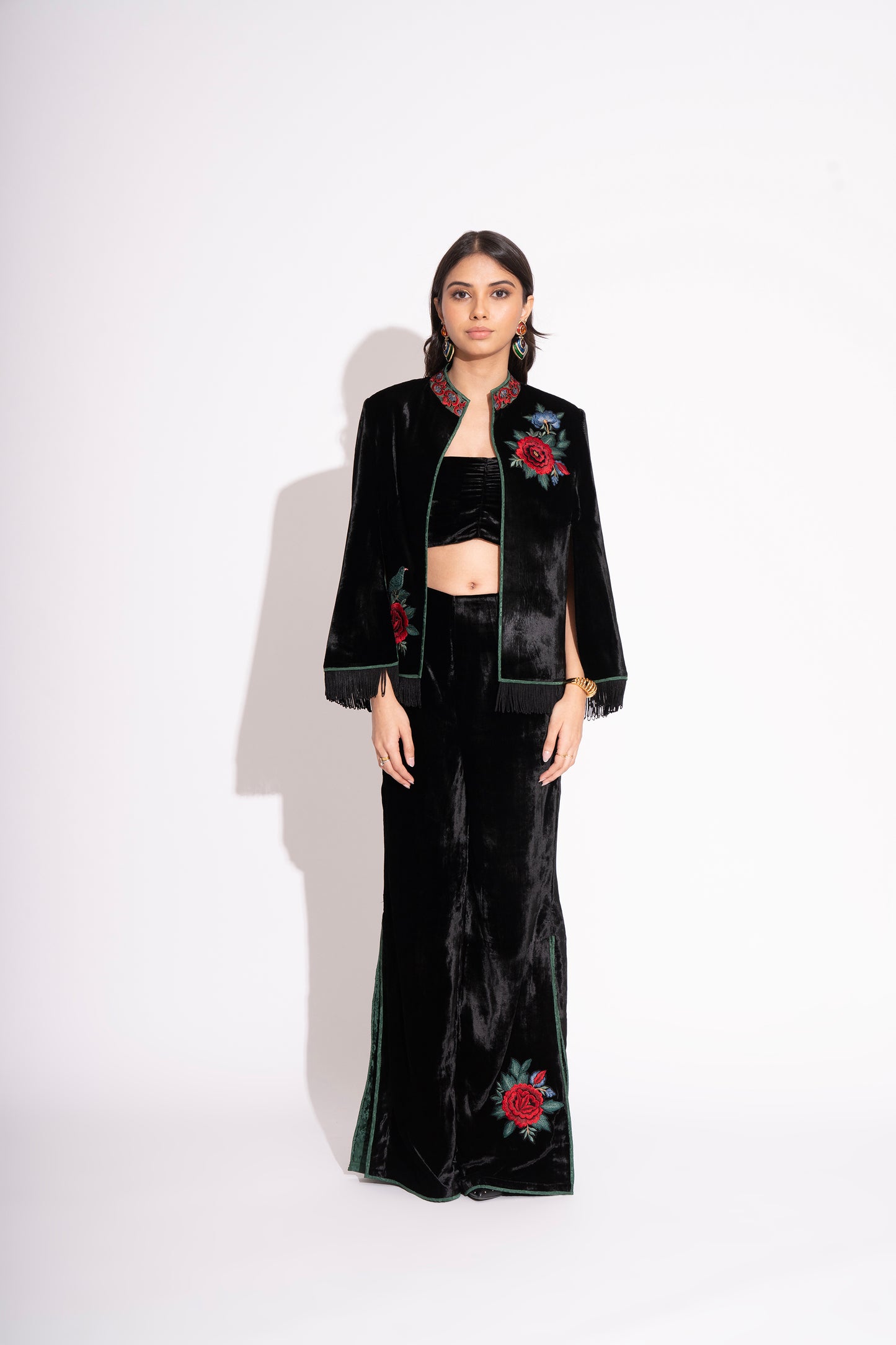 Reversible Black Silk Velvet 3D Applique Jacket with Boot Leg Silk Velvet Pants and Bustier 3 Pc Set