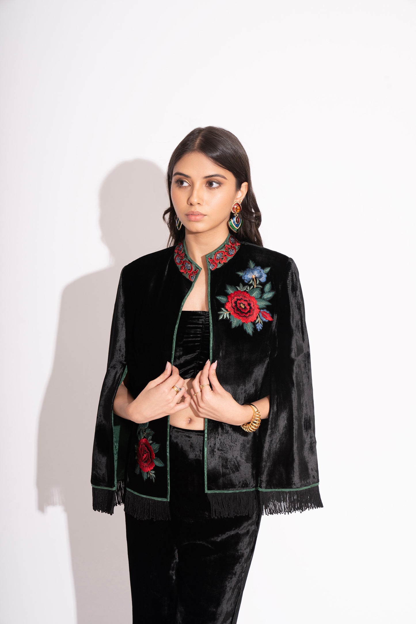 Reversible Black Silk Velvet 3D Applique Jacket with Boot Leg Silk Velvet Pants and Bustier 3 Pc Set