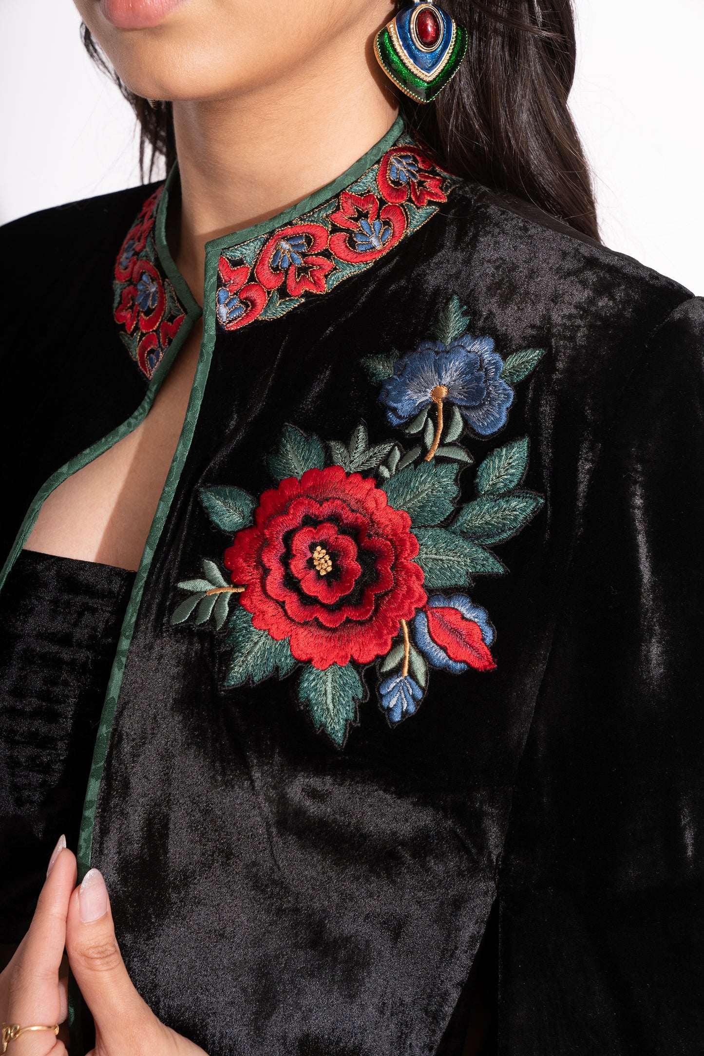 Reversible Black Silk Velvet 3D Applique Jacket with Boot Leg Silk Velvet Pants and Bustier 3 Pc Set