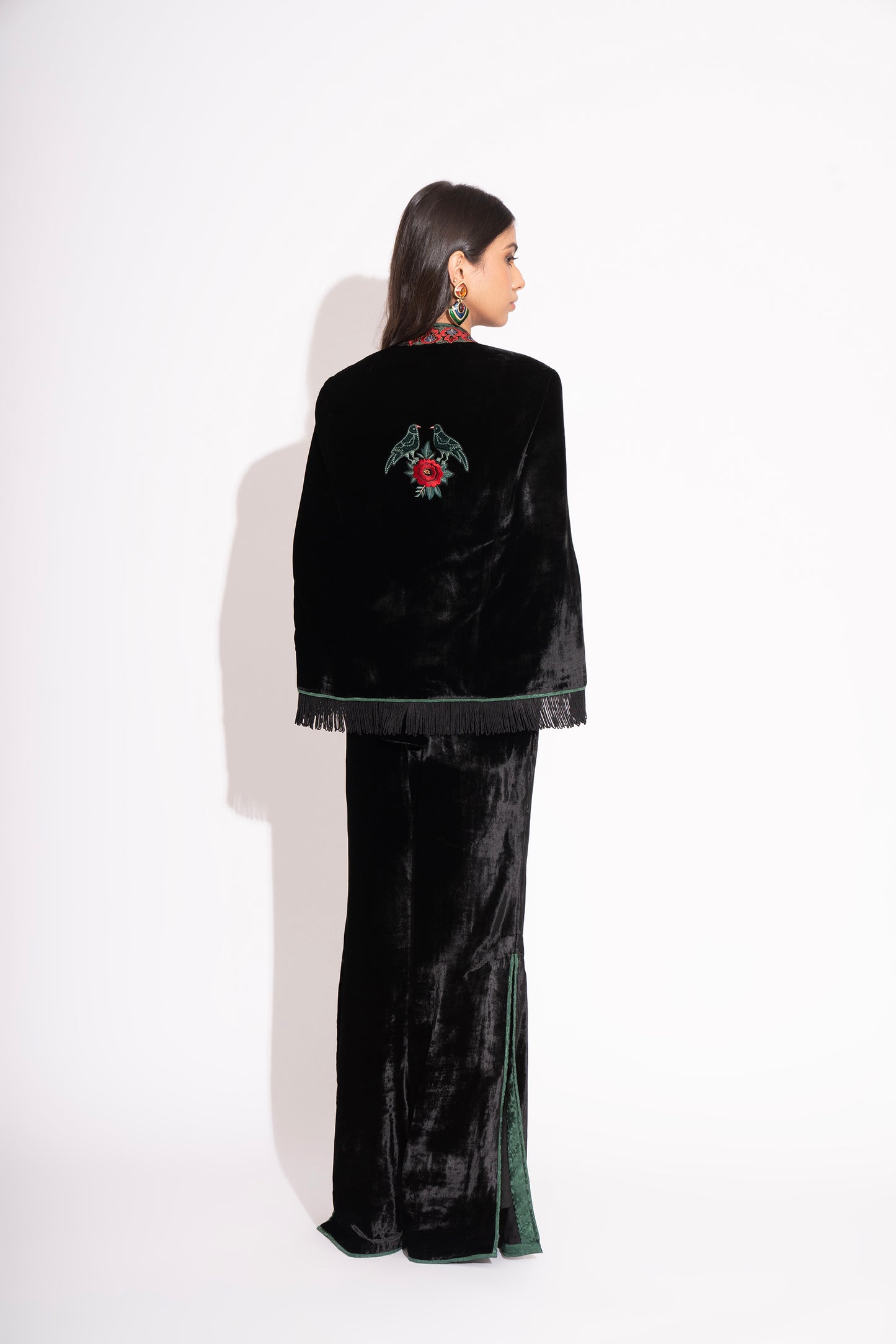 Reversible Black Silk Velvet 3D Applique Jacket with Boot Leg Silk Velvet Pants and Bustier 3 Pc Set