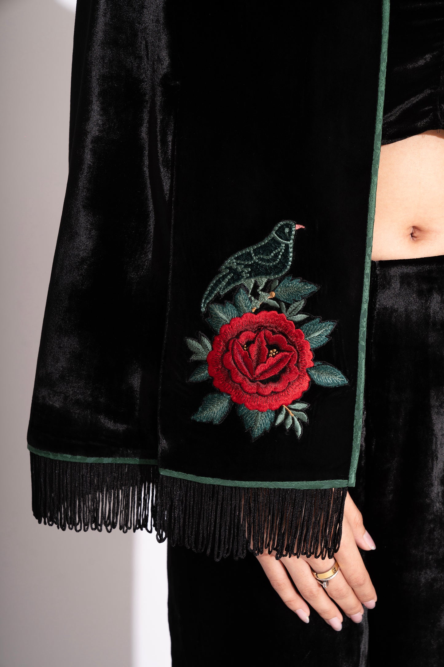 Reversible Black Silk Velvet 3D Applique Jacket with Boot Leg Silk Velvet Pants and Bustier 3 Pc Set