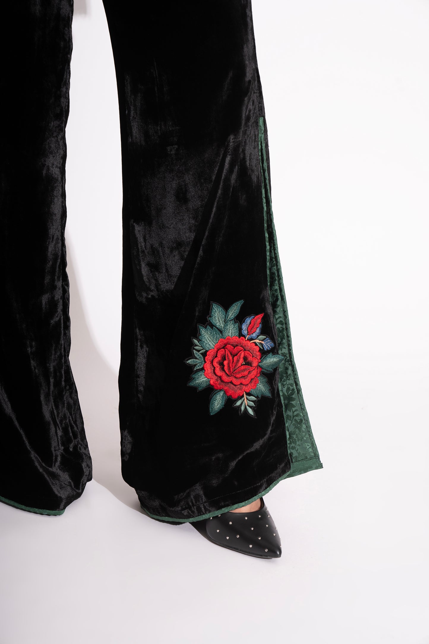 Reversible Black Silk Velvet 3D  Applique Jacket with Boot Leg Silk Velvet Pants and Bustier 3 Pc Set