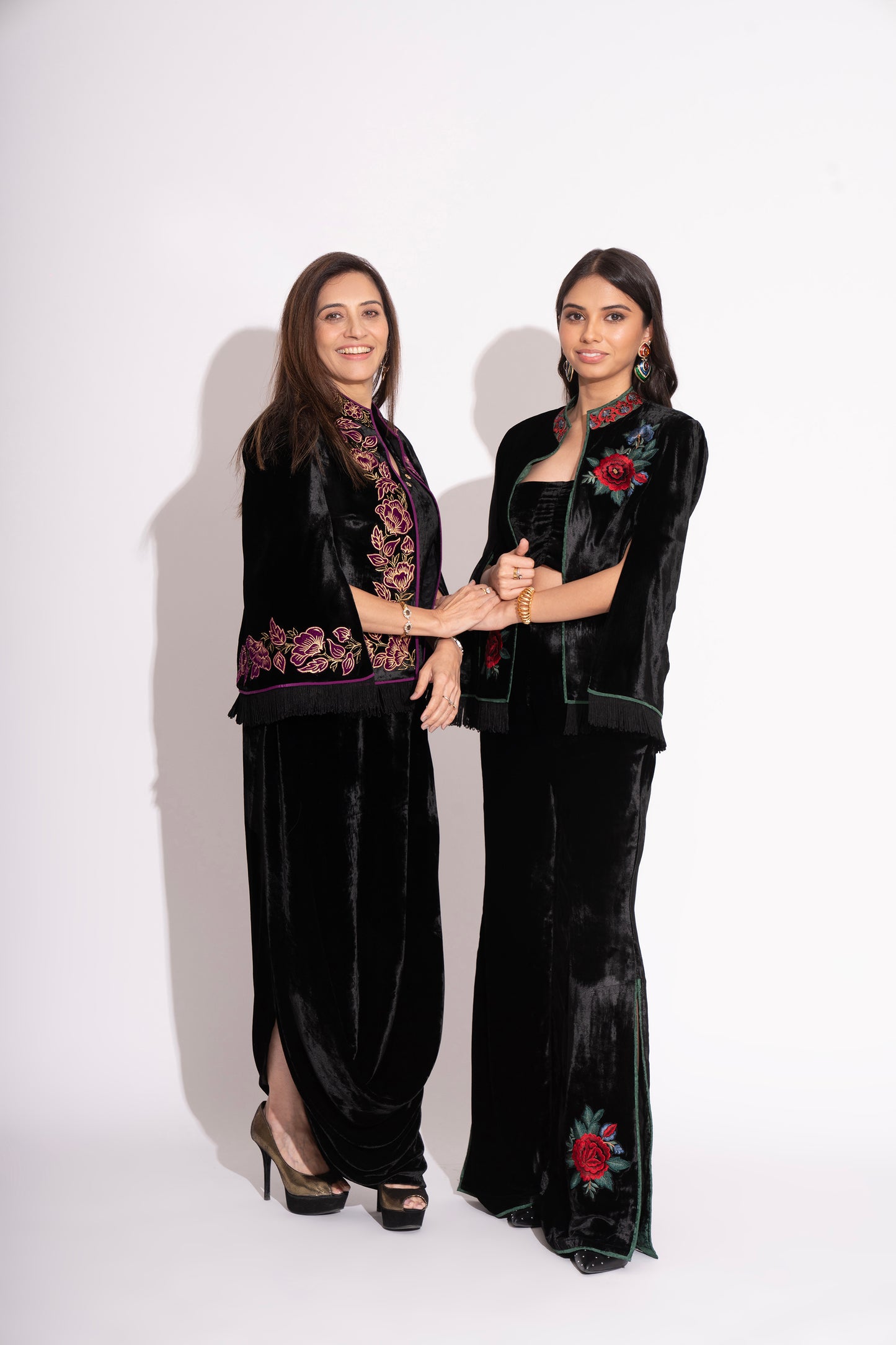 Reversible Black Silk Velvet 3D Applique Jacket with Boot Leg Silk Velvet Pants and Bustier 3 Pc Set