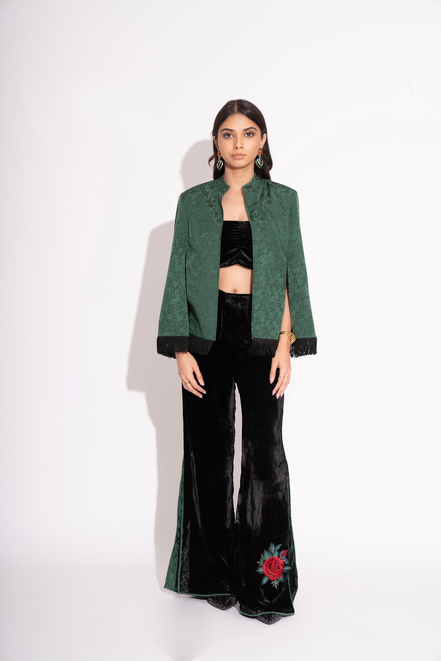 Reversible Black Silk Velvet 3D Applique Jacket with Boot Leg Silk Velvet Pants and Bustier 3 Pc Set