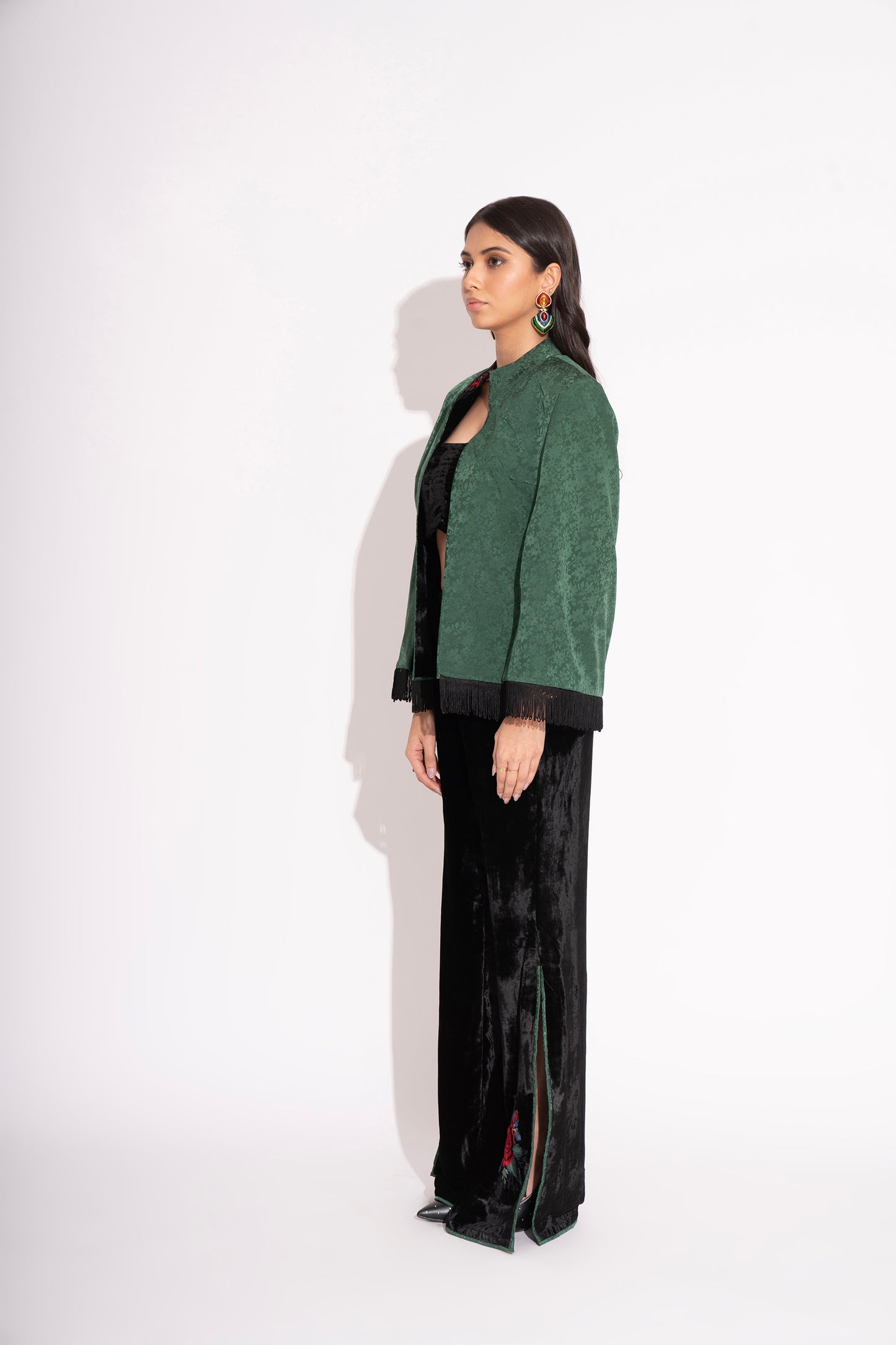 Reversible Black Silk Velvet 3D Applique Jacket with Boot Leg Silk Velvet Pants and Bustier 3 Pc Set