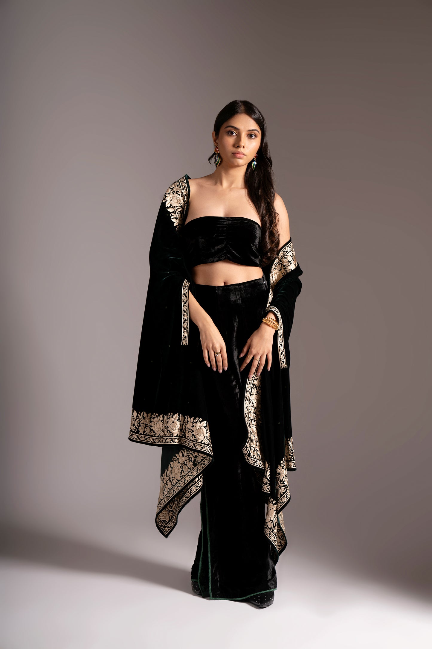 Deep Green Velvet Shrug with Embroidery