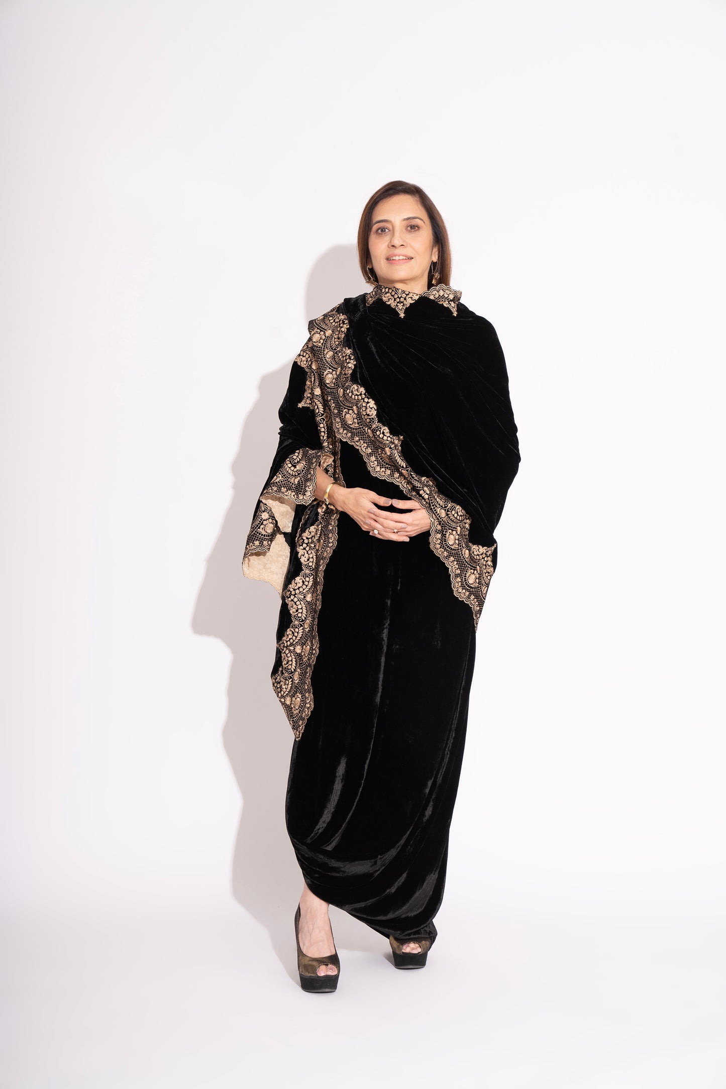 Black Silk Velvet Lace Embroidery Stole