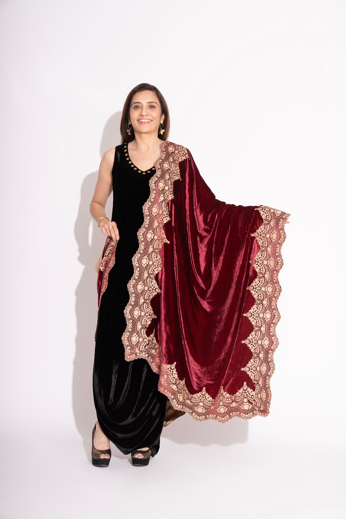 Wine Silk Velvet Lace Embroidery Stole