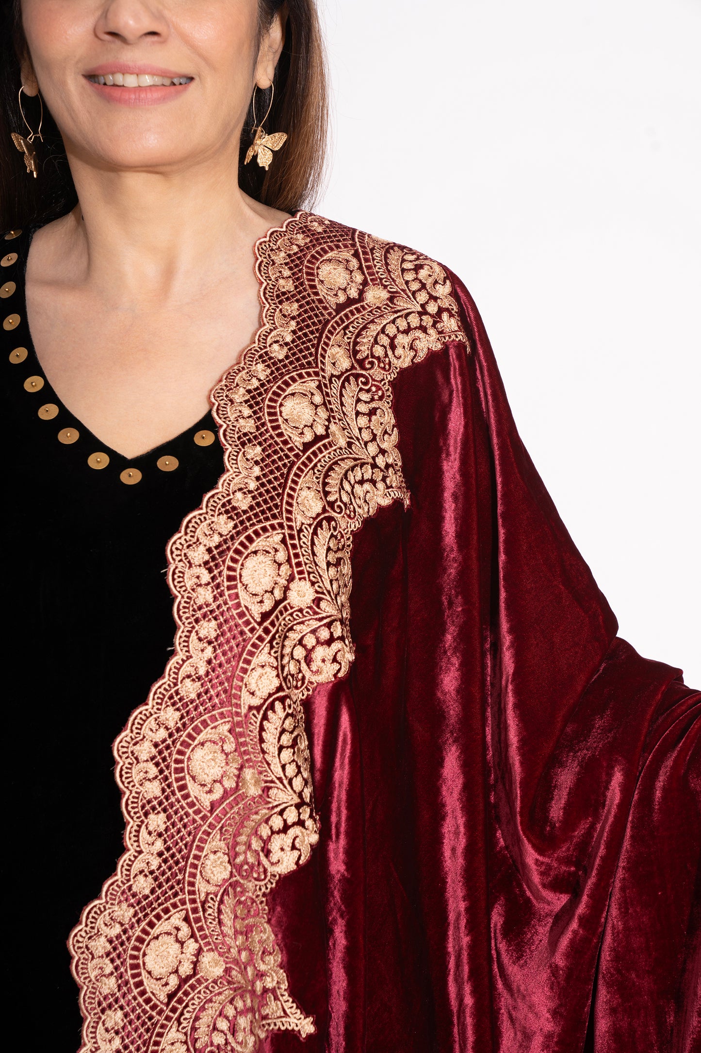 Wine Silk Velvet Lace Embroidery Stole