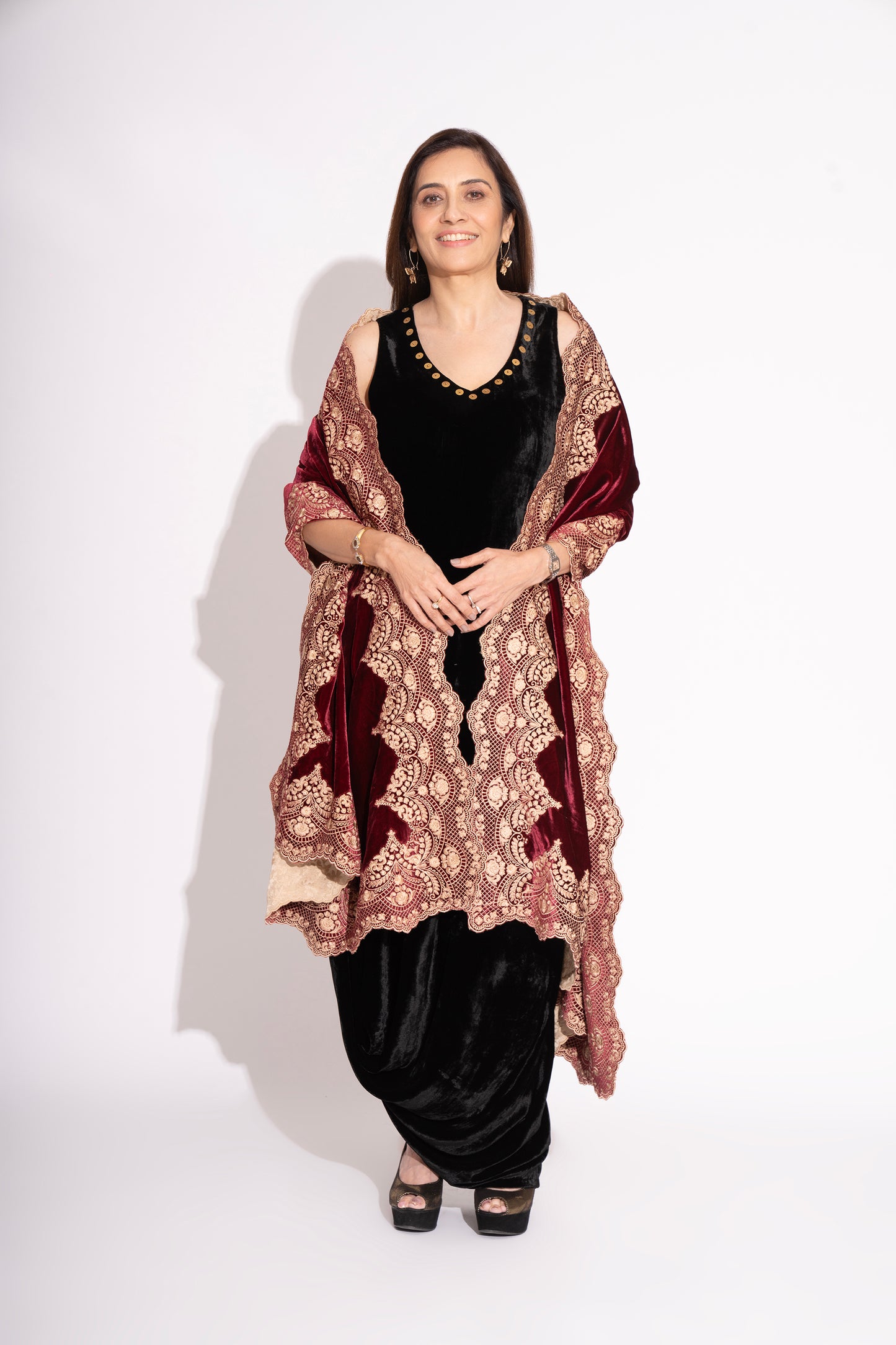 Wine Silk Velvet Lace Embroidery Stole