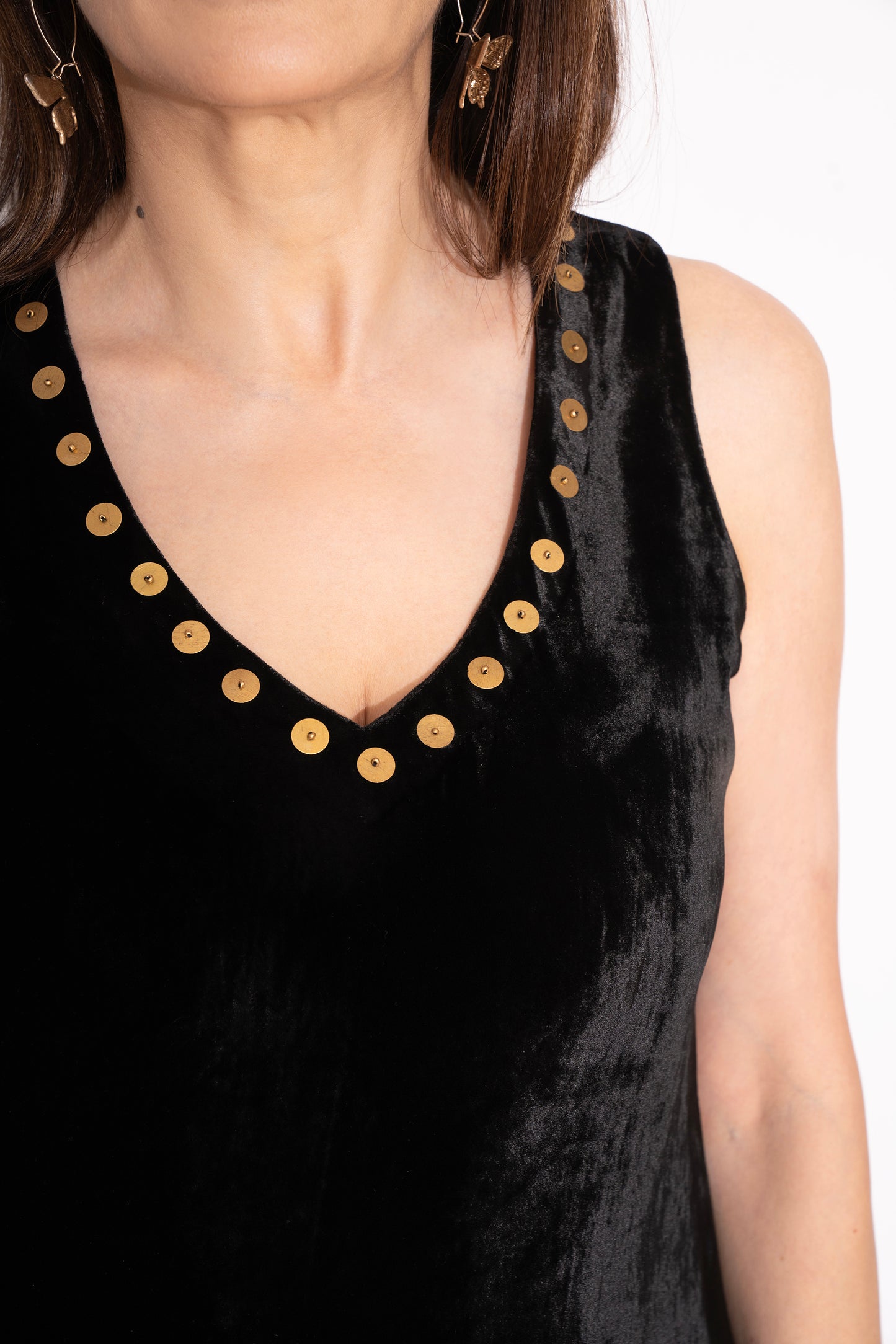 Black Silk Velvet Metal Detail Gown