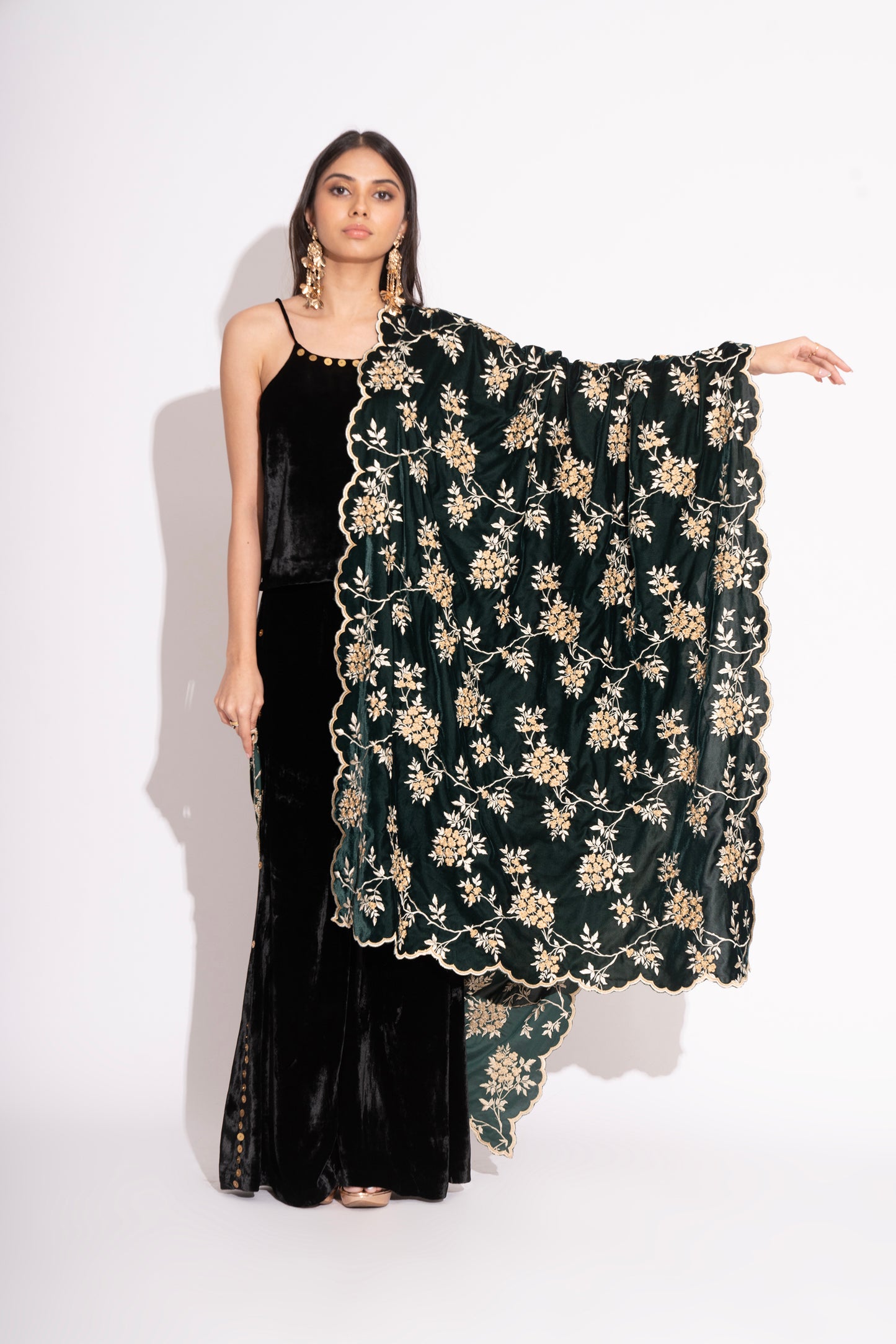 Deep Green Thread Embroidery Velvet Stole