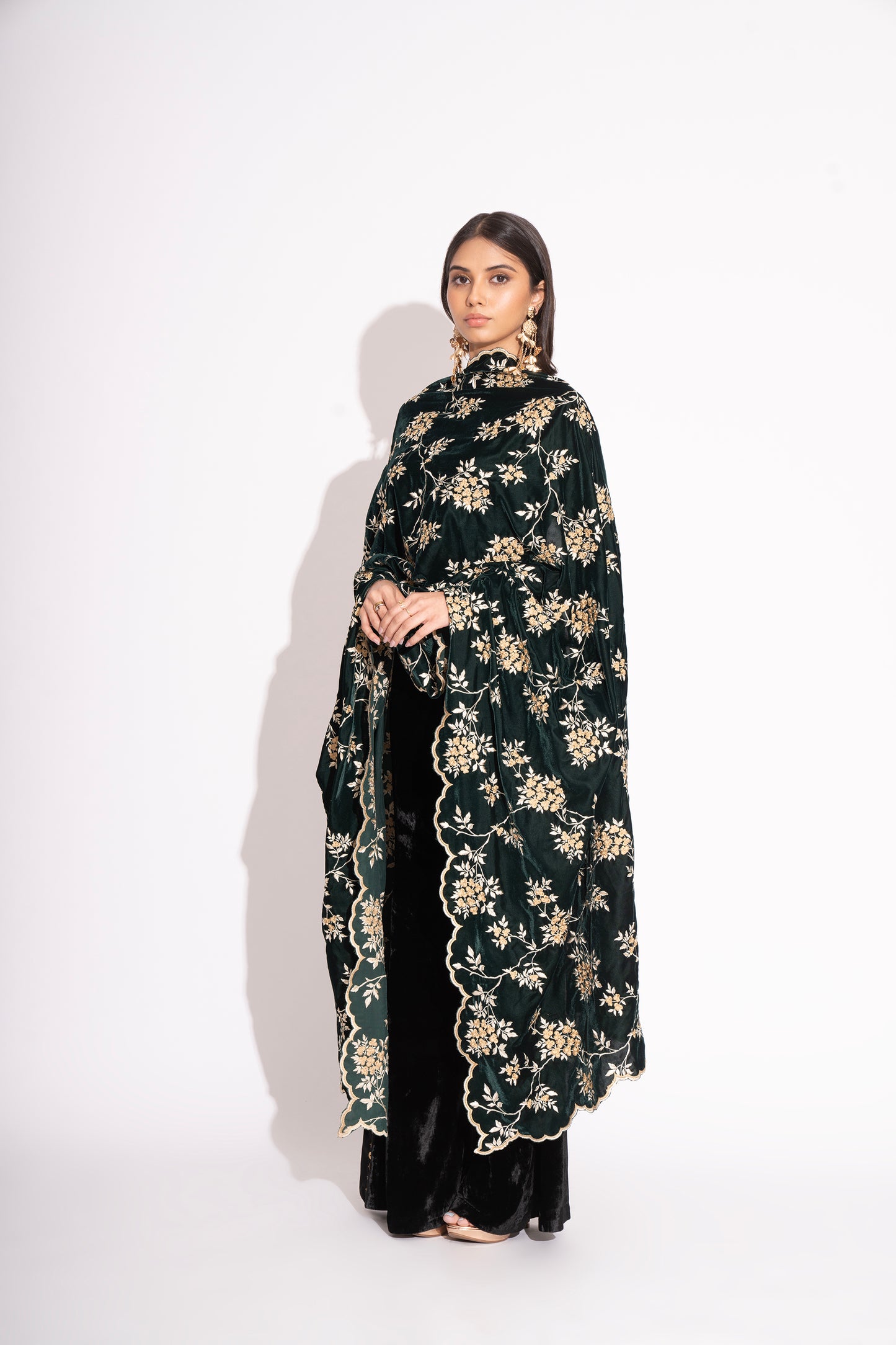 Deep Green Thread Embroidery Velvet Stole