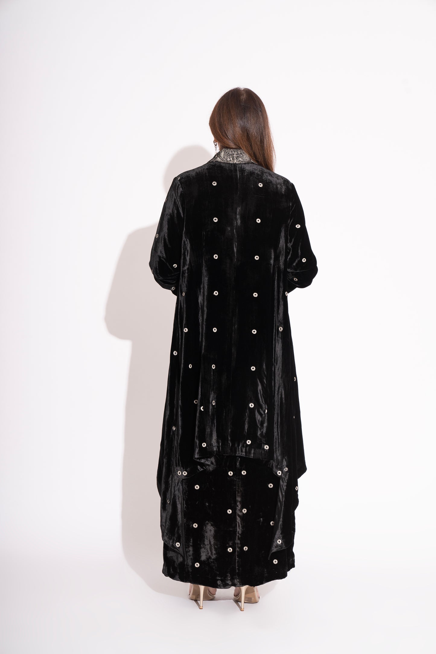 Black Silk Velvet Embroidered Asymmetrical Full Sleeve Jacket