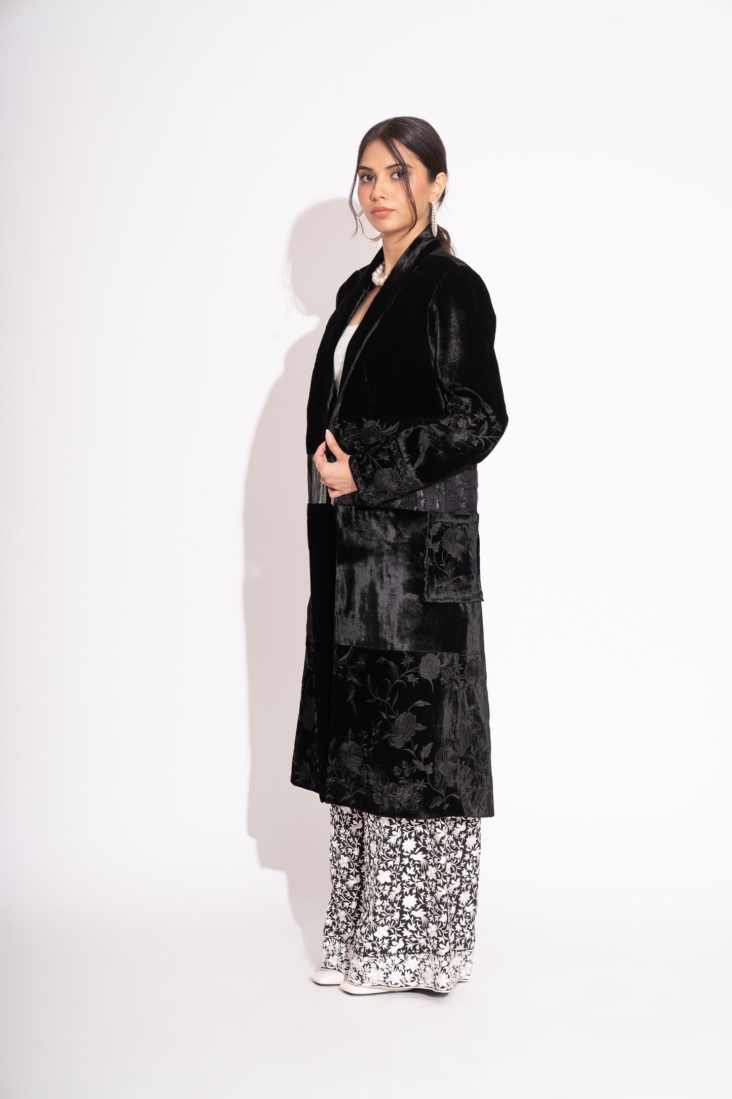 Black Silk Velvet Embroidered Overcoat with Pure Silk Crepe Jacquard Lining