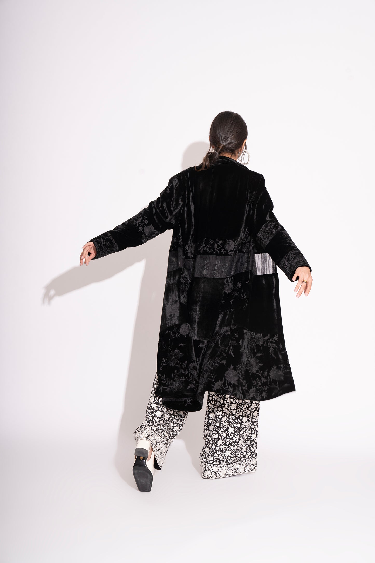 Black Silk Velvet Embroidered Overcoat with Pure Silk Crepe Jacquard Lining