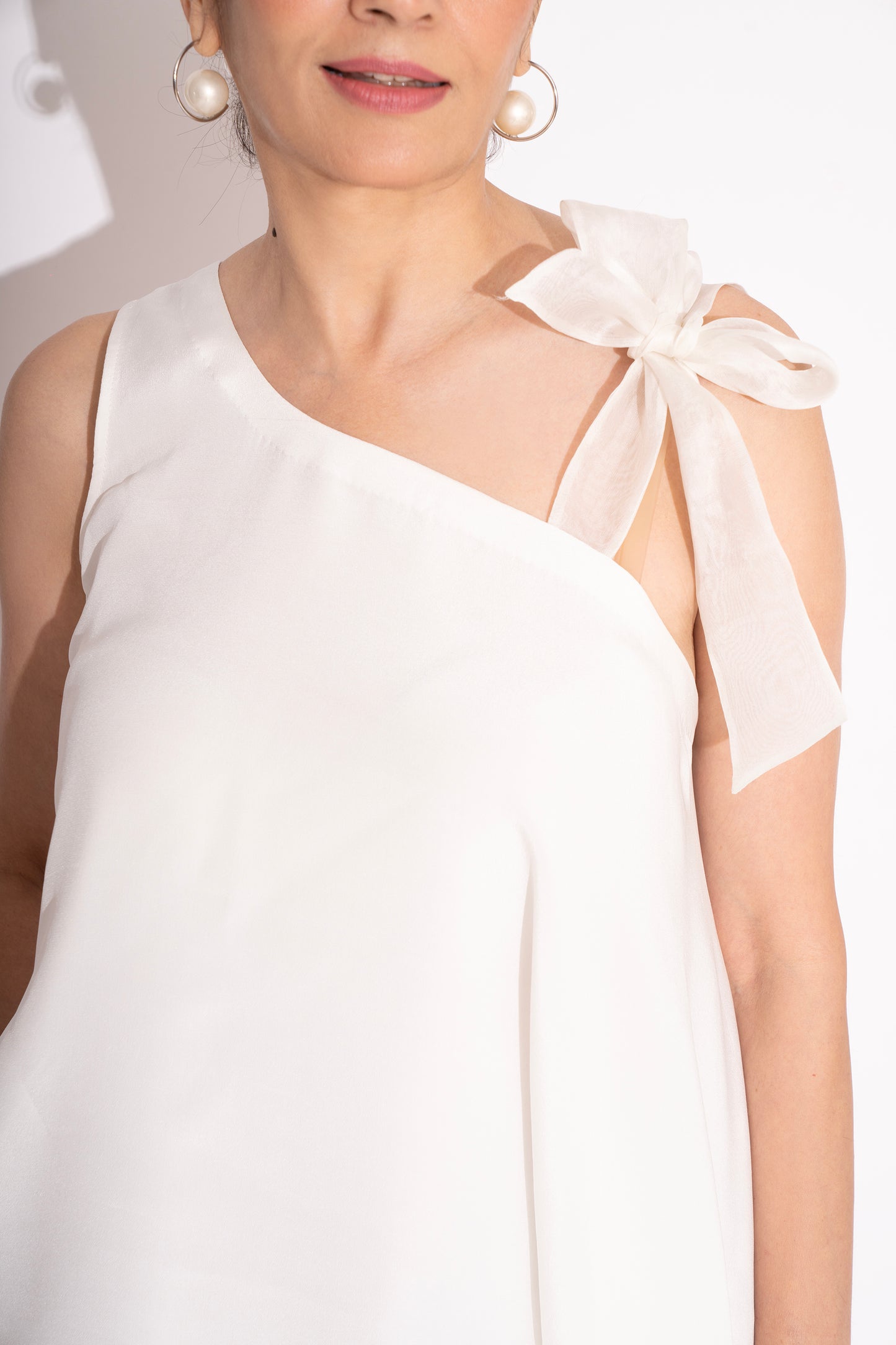 White Pure Silk Crepe Off Shoulder Asymmetrical Top
