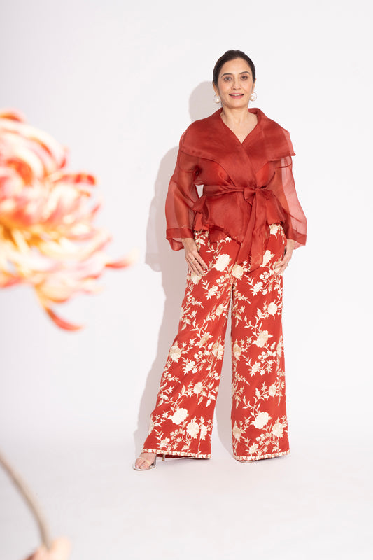 Rust Pure Silk Crepe Embroidered Straight Pants