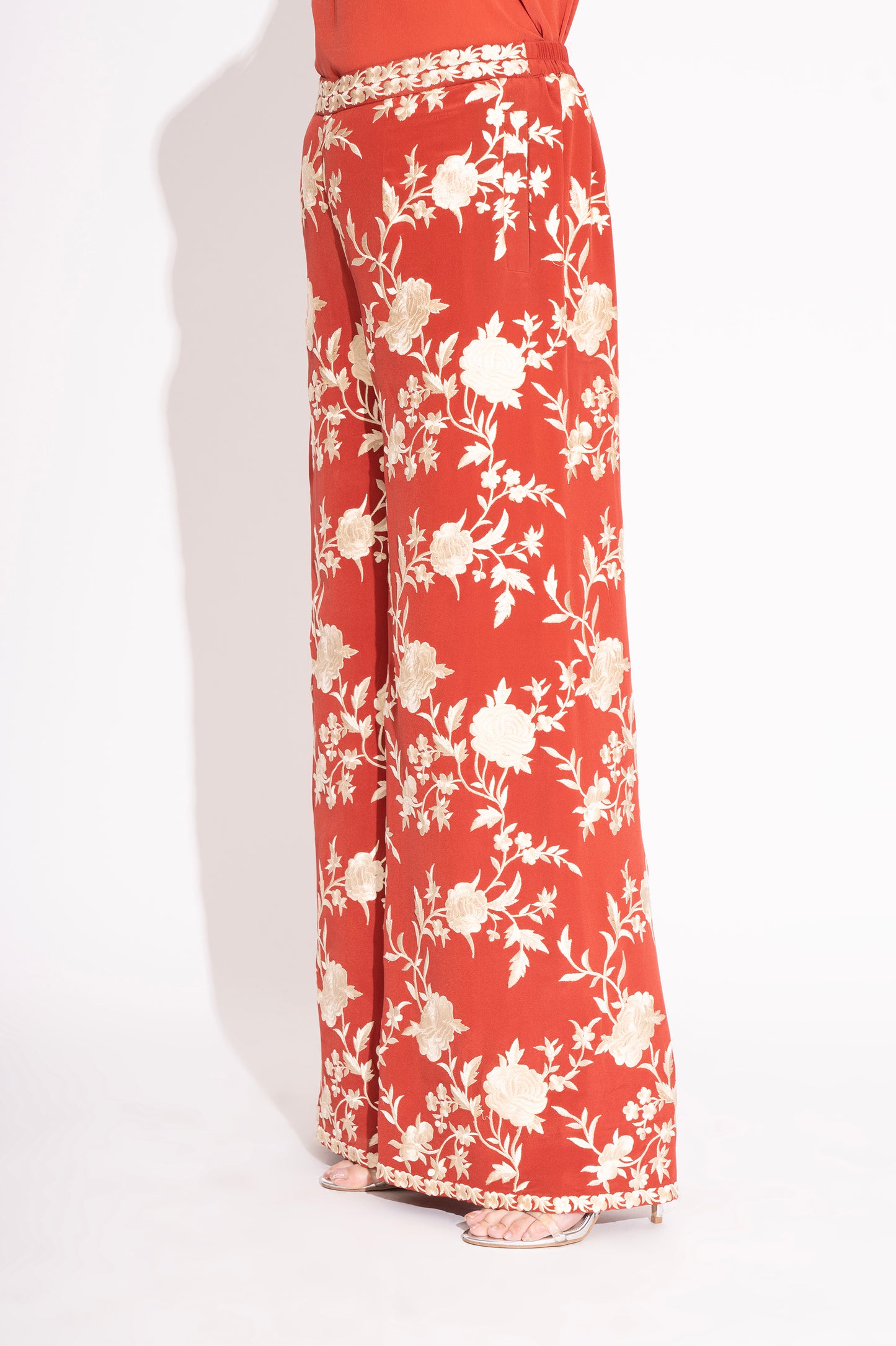 Rust Pure Silk Crepe Embroidered Straight Pants