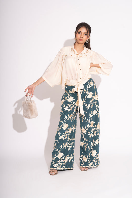 Sapphire Blue Pure Silk Crepe Embroidered Straight Pants