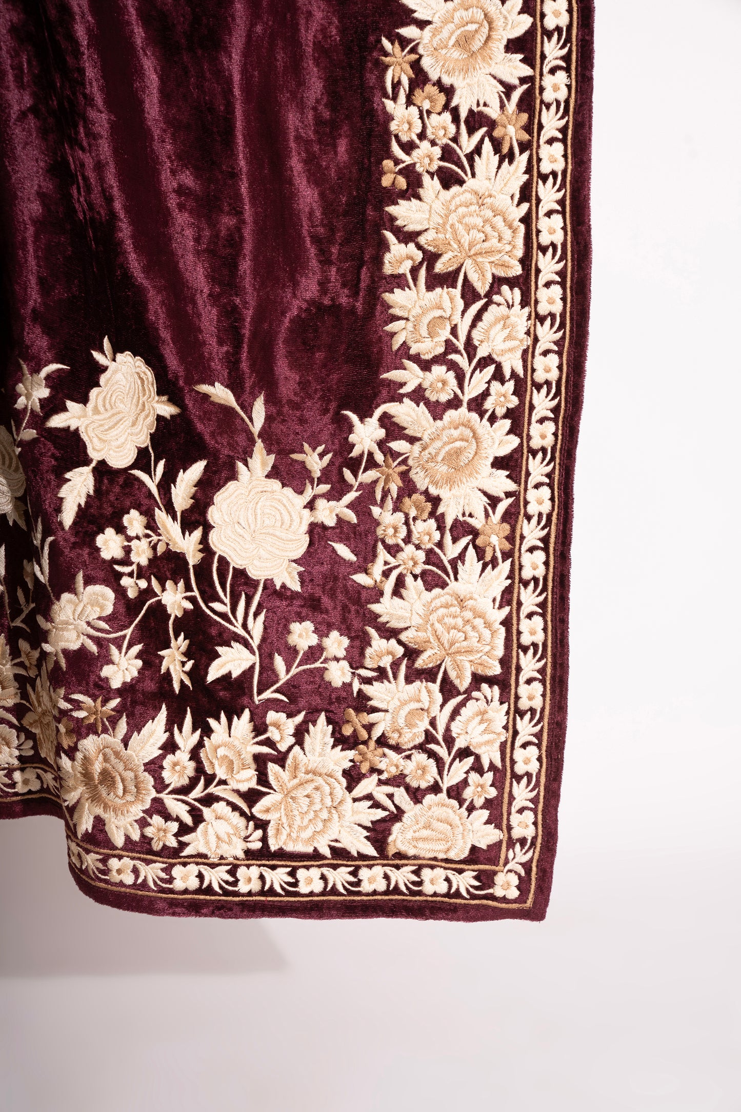 Wine Makhmal Stole with Parsi Embroidery