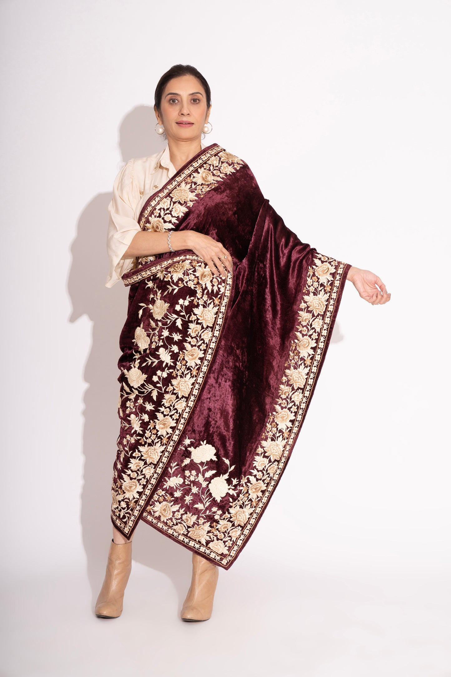 Wine Makhmal Stole with Parsi Embroidery