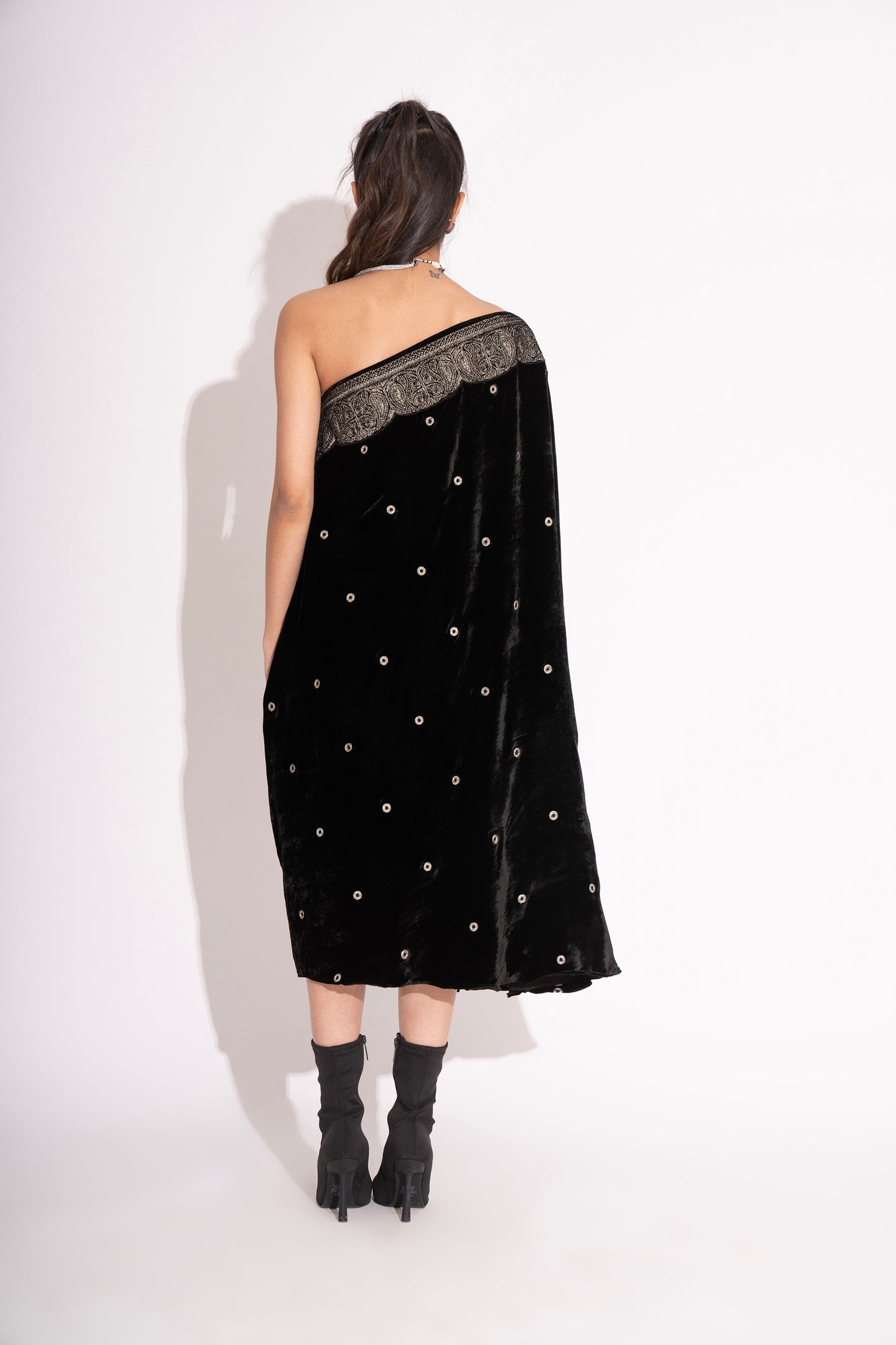 Black Silk Velvet Off Shoulder Embroidered Gown