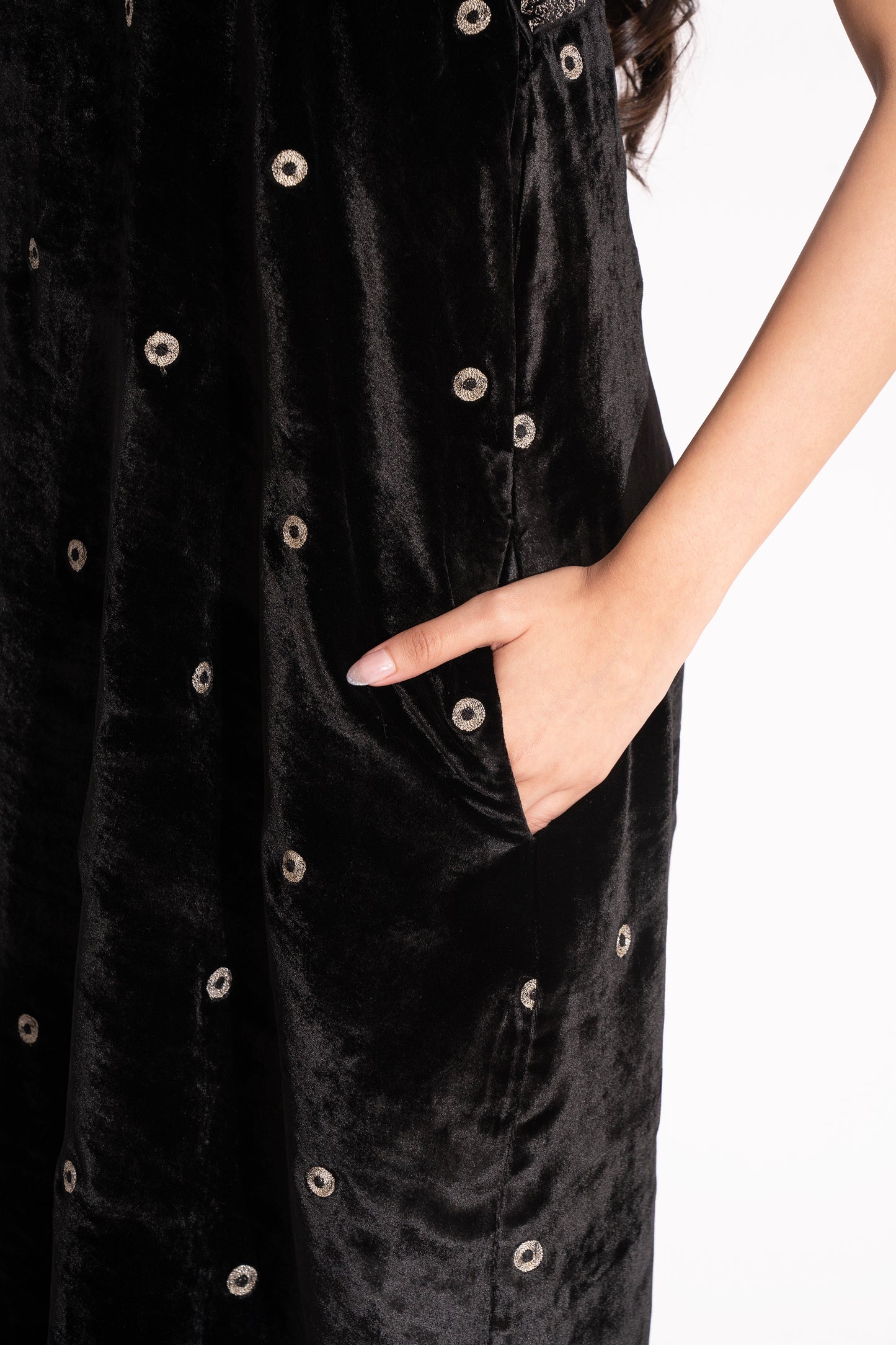 Black Silk Velvet Off Shoulder Embroidered Gown