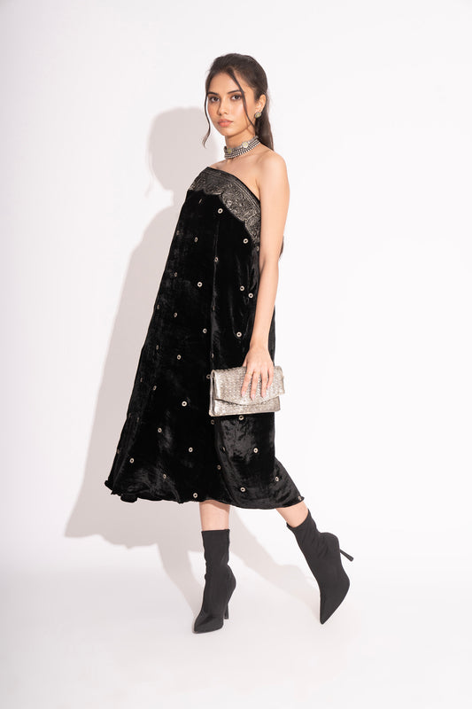 Black Silk Velvet Off Shoulder Embroidered Gown