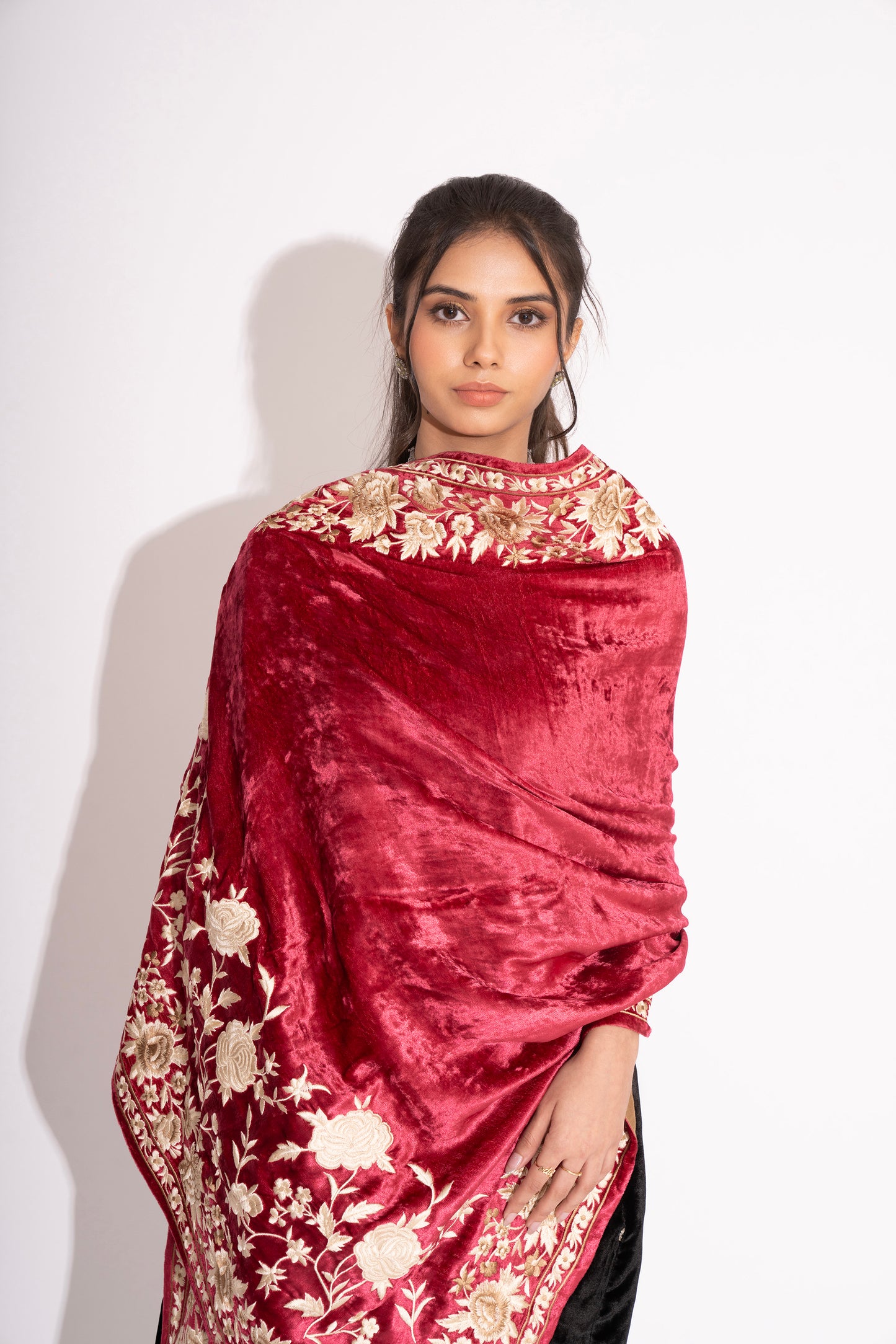 Rani Pink Makhmal Stole with Parsi Embroidery