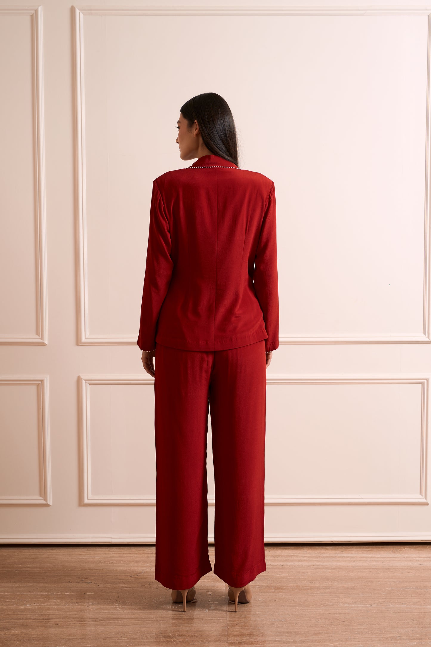 NOOR Red Pure Silk Crepe Wrapped Blazer with Straight Pants