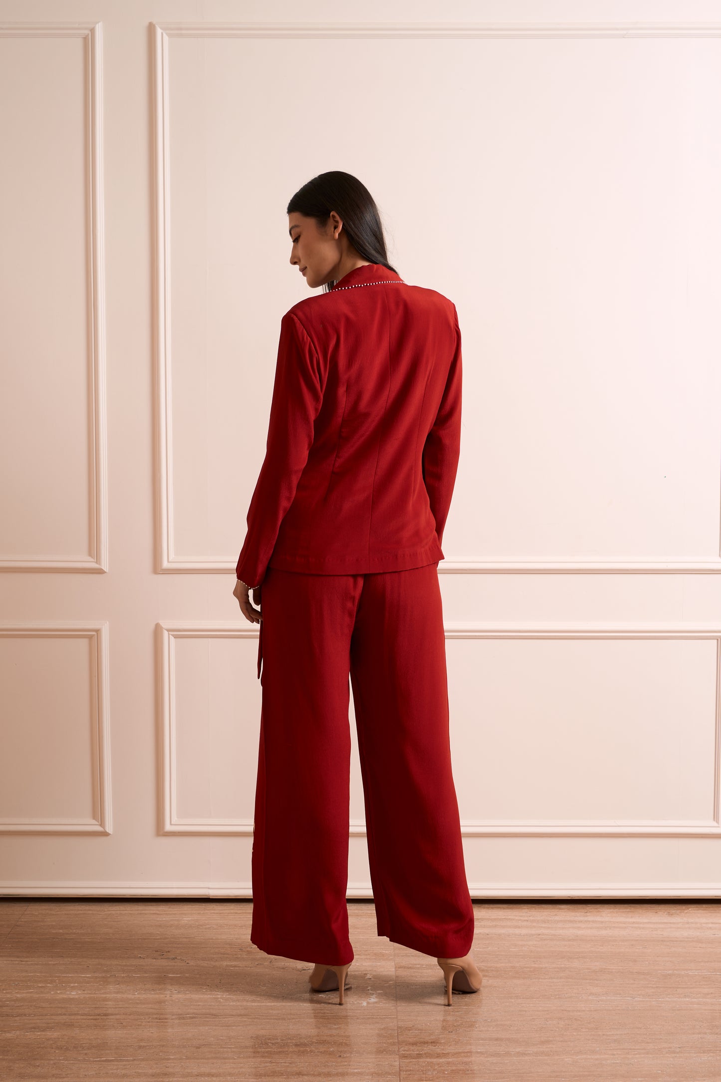 NOOR Red Pure Silk Crepe Wrapped Blazer with Straight Pants